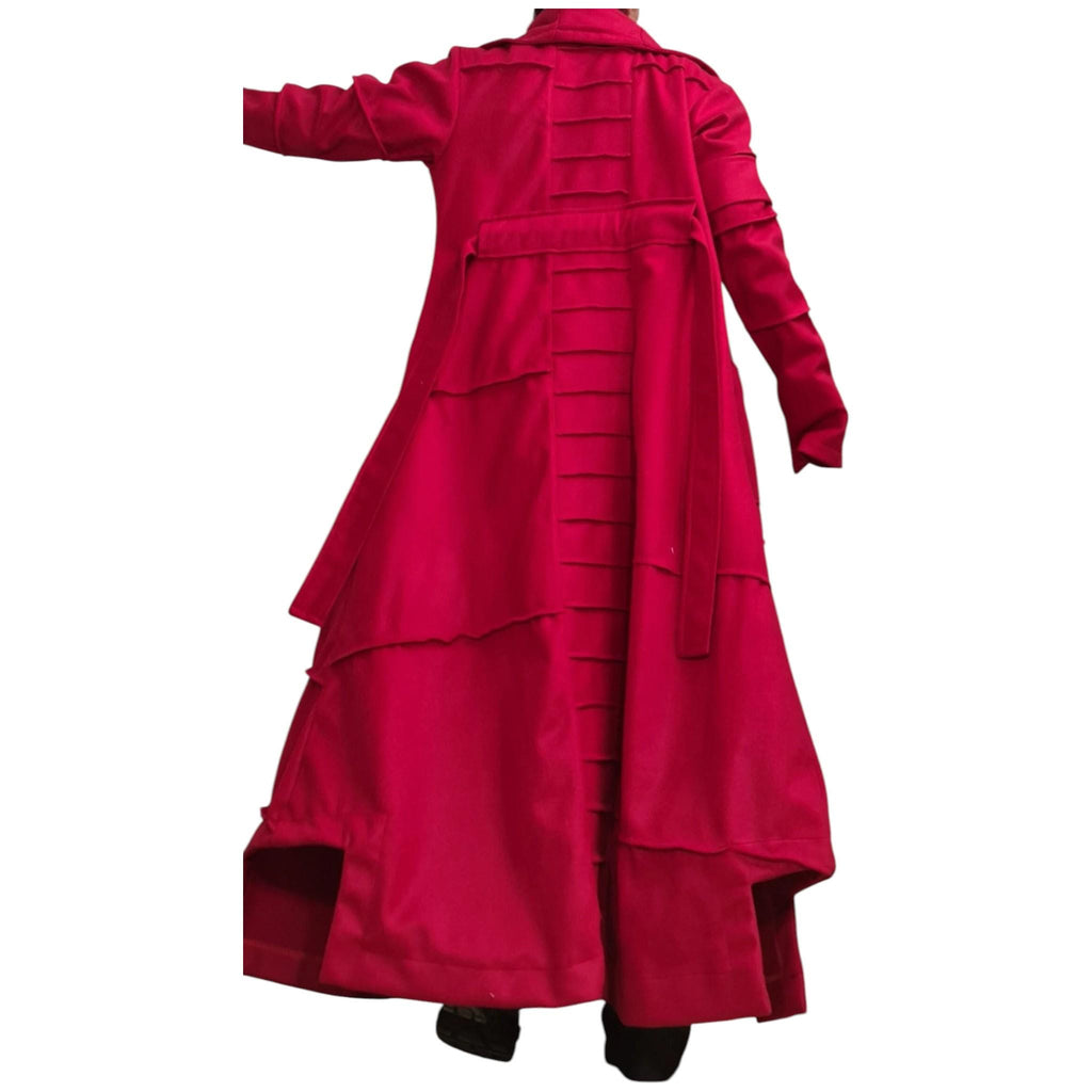Red Asymmetric Floor Length Coat, Layered Hem and High Collar, Strap Details, Plus Size