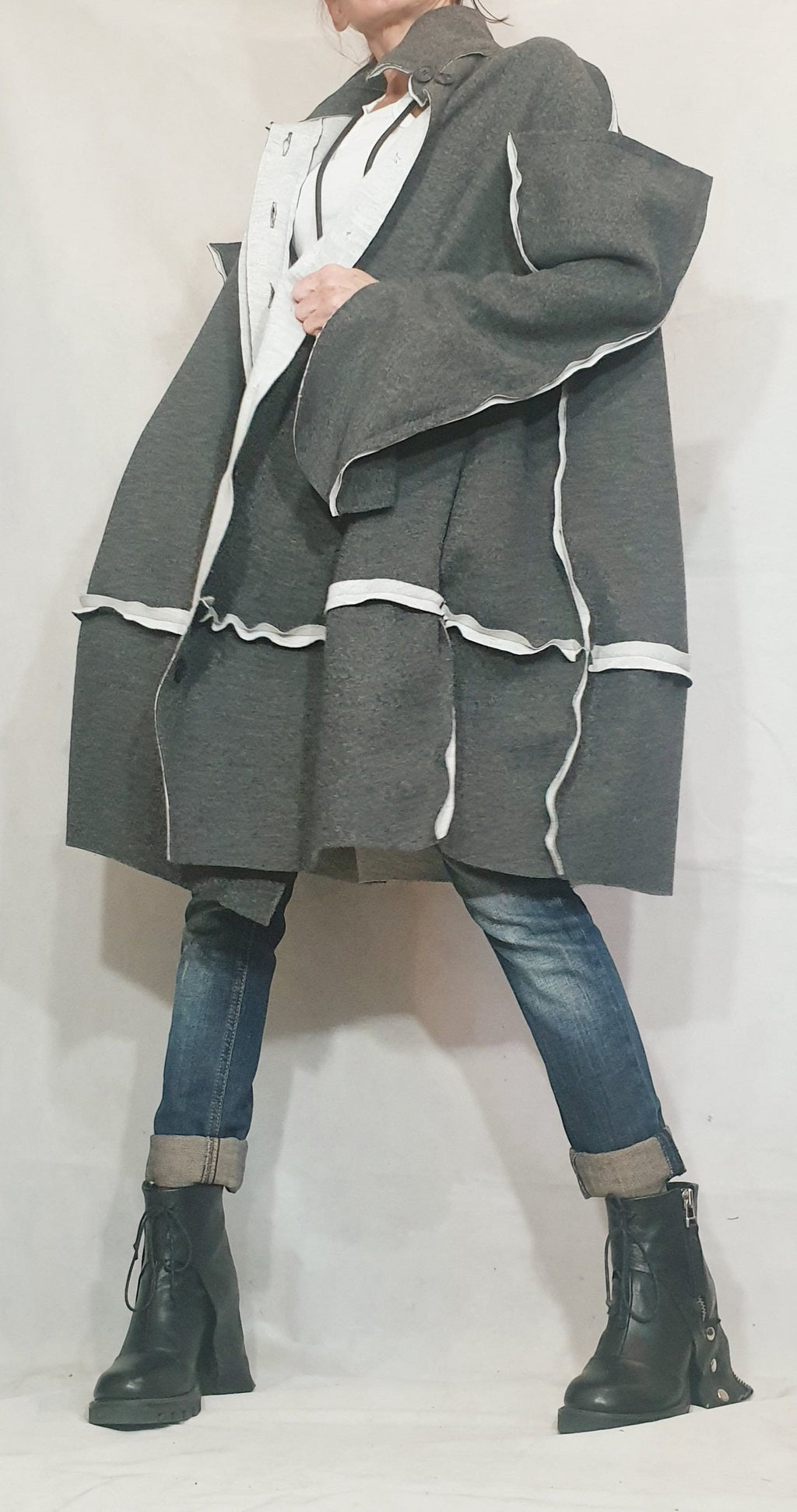 Grey Oversized Cape Coat, Asymmetric Hem, Wide Sleeves, Button Front, Contrast Trim, Plus Size