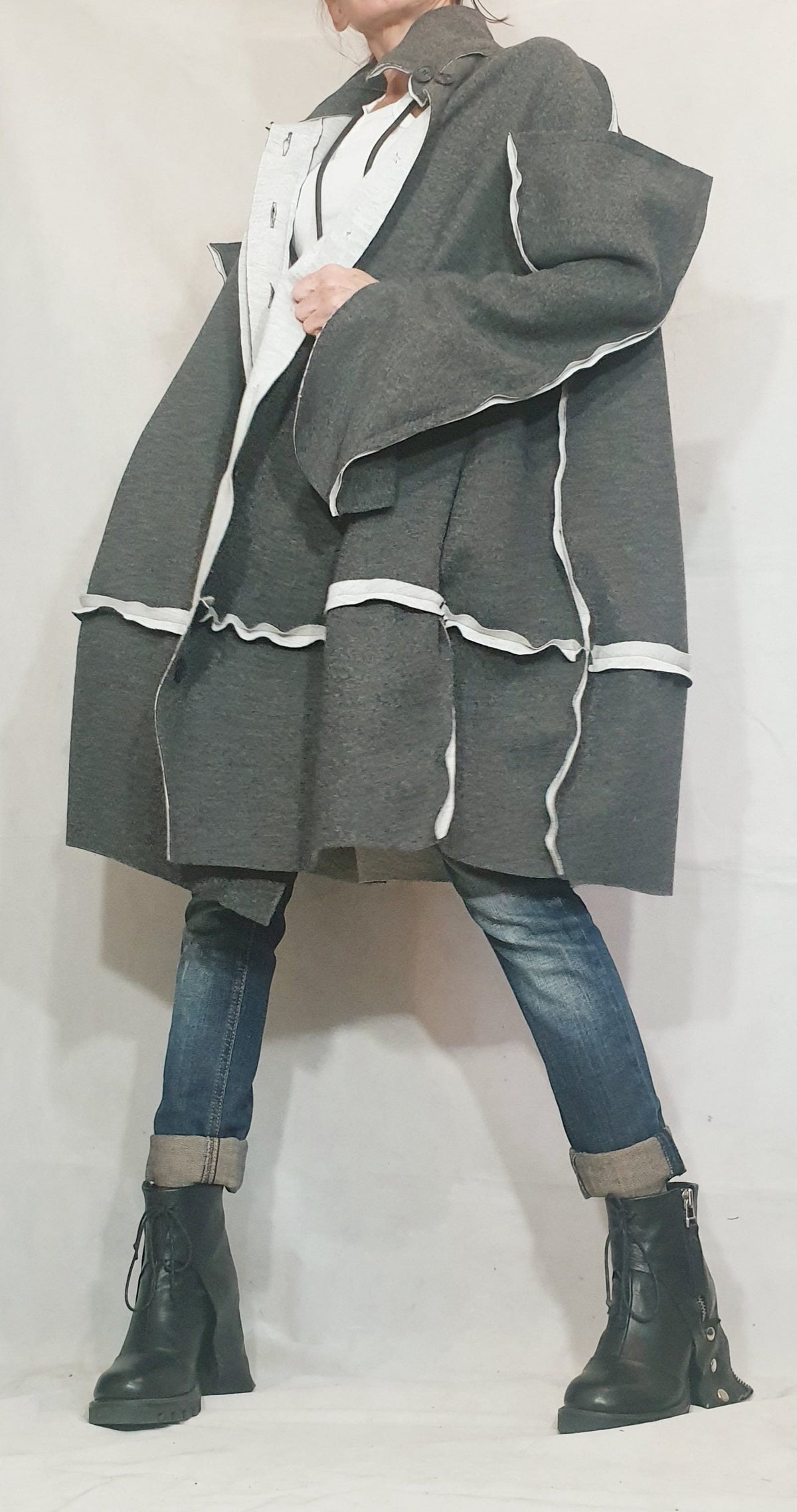 Grey Oversized Cape Coat, Asymmetric Hem, Wide Sleeves, Button Front, Contrast Trim, Plus Size