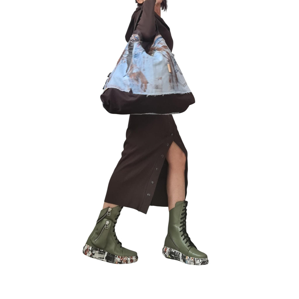 Avant Garde Large Denim Bag, Asymmetrical Painted Patchwork Shoulder Tote