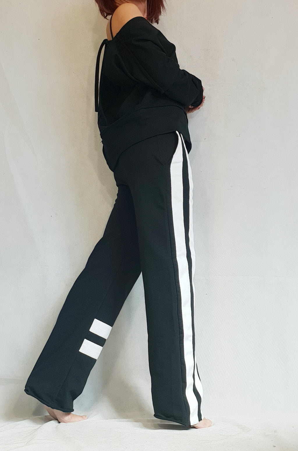 Black Cotton Blouse, White Side Stripe Pants, Casual Sportswear Co-Ord Set