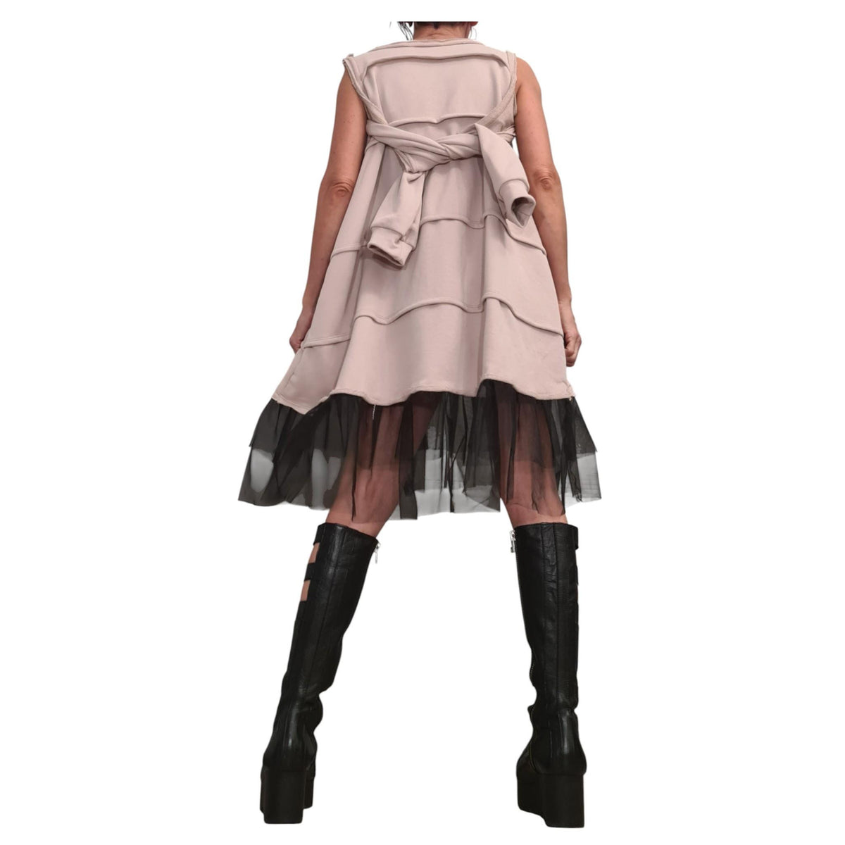 Beige Off Shoulder Dress: Asymmetrical Tulle Hem, Removable Sleeves