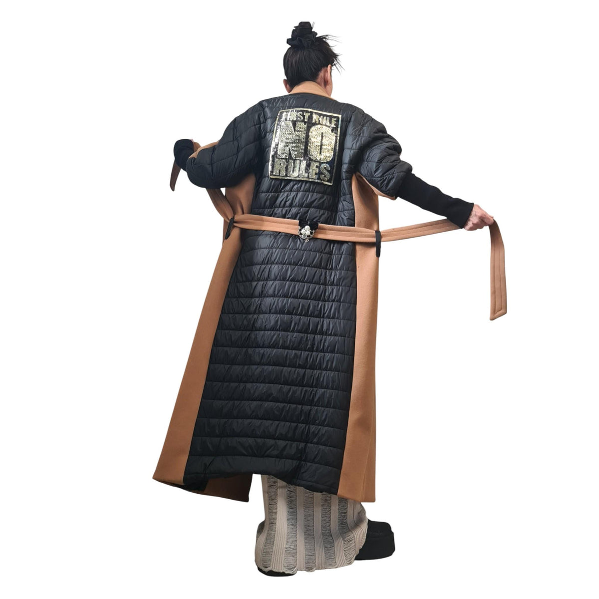 Beige Wool Maxi Coat, Black Quilted Sleeves and Back Panel, Belted Plus Size Overcoat