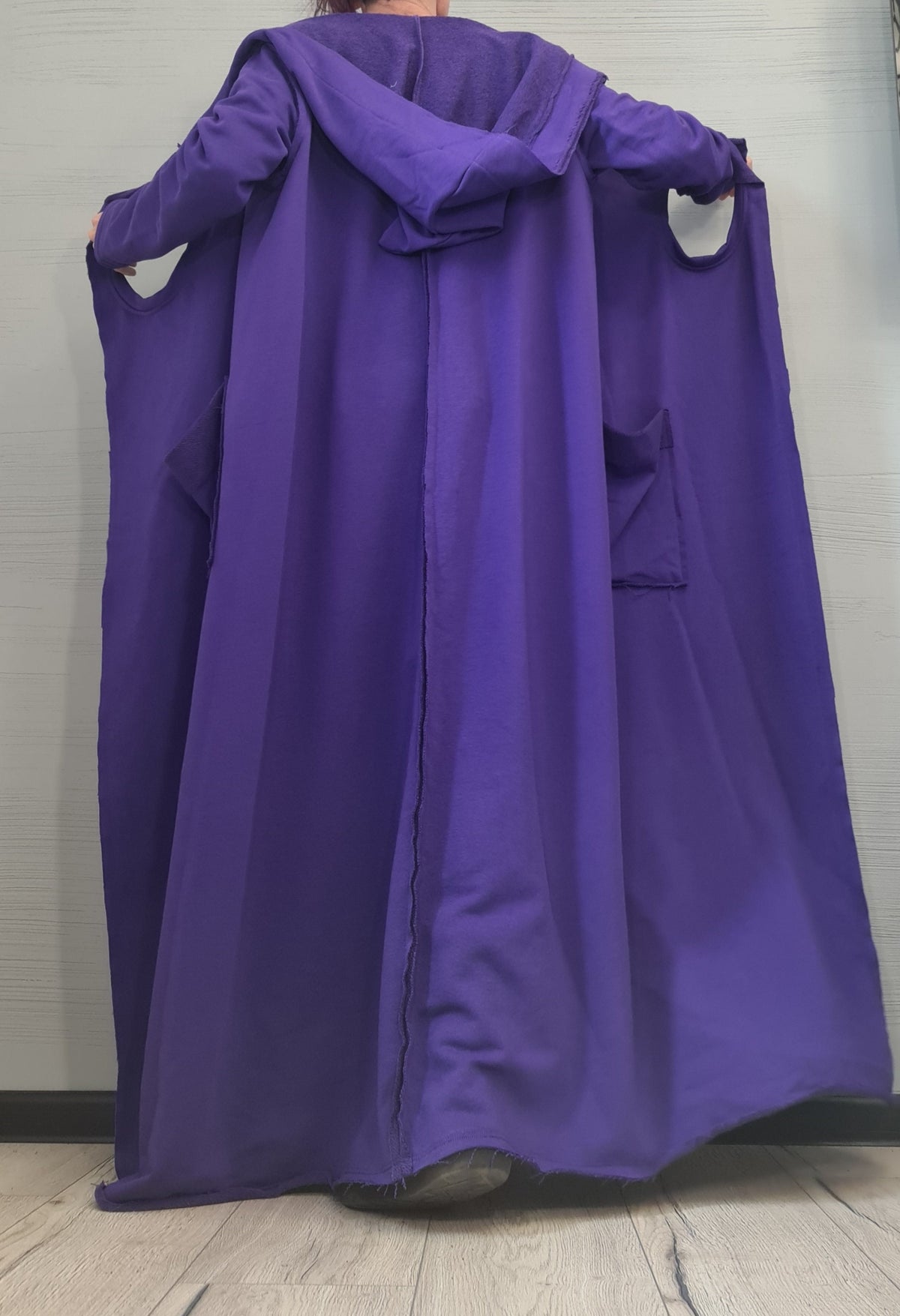 Purple Long Hooded Cardigan, Asymmetric Oversized Cotton Coat, Plus Size, Large Round Pockets