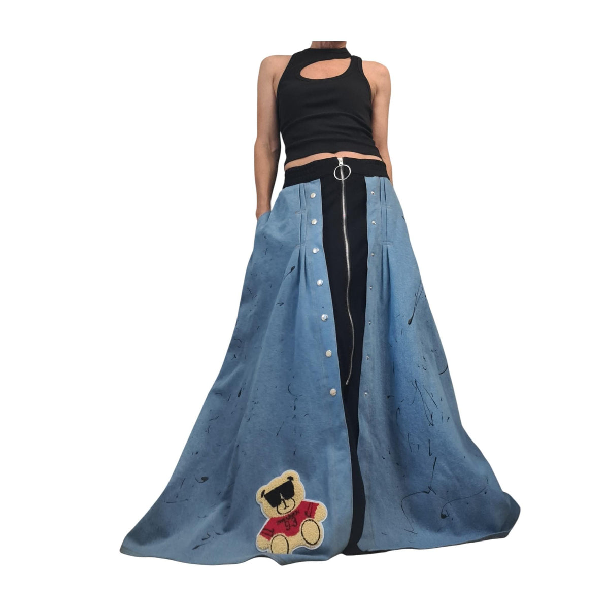 Deconstructed Avant Garde Cotton Denim Long Skirt, Extravagant Design