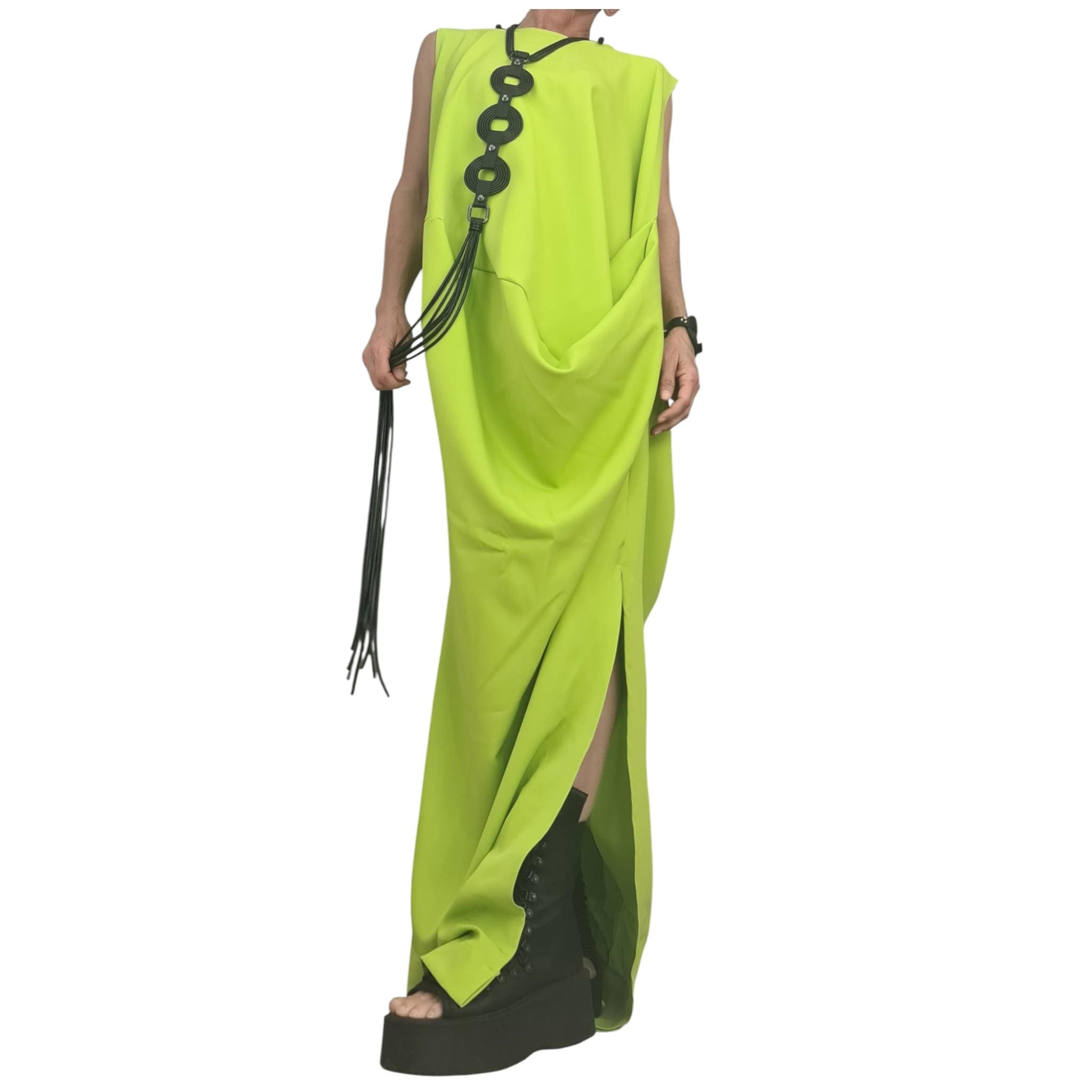 Lime Green Asymmetric Maxi Dress, Avant Garde Loose Drape Style