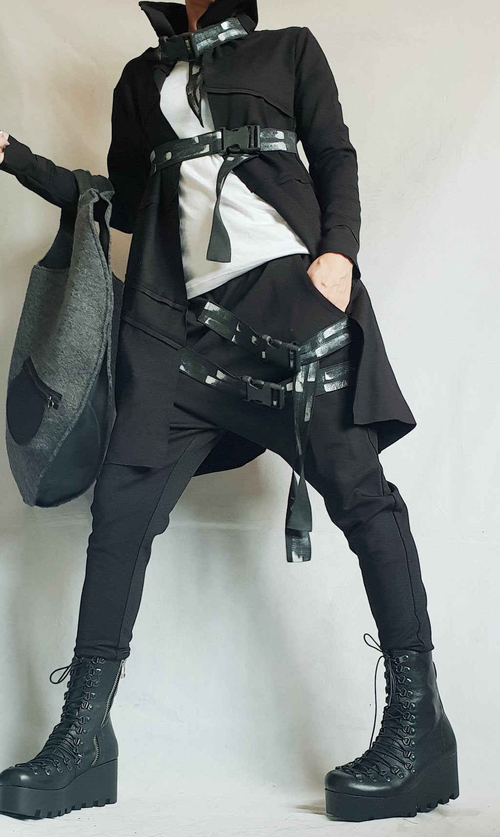 Black French Terry Drop Crotch Harem Pants, Asymmetrical Jacket with Decorative Straps, Co-Ord Set