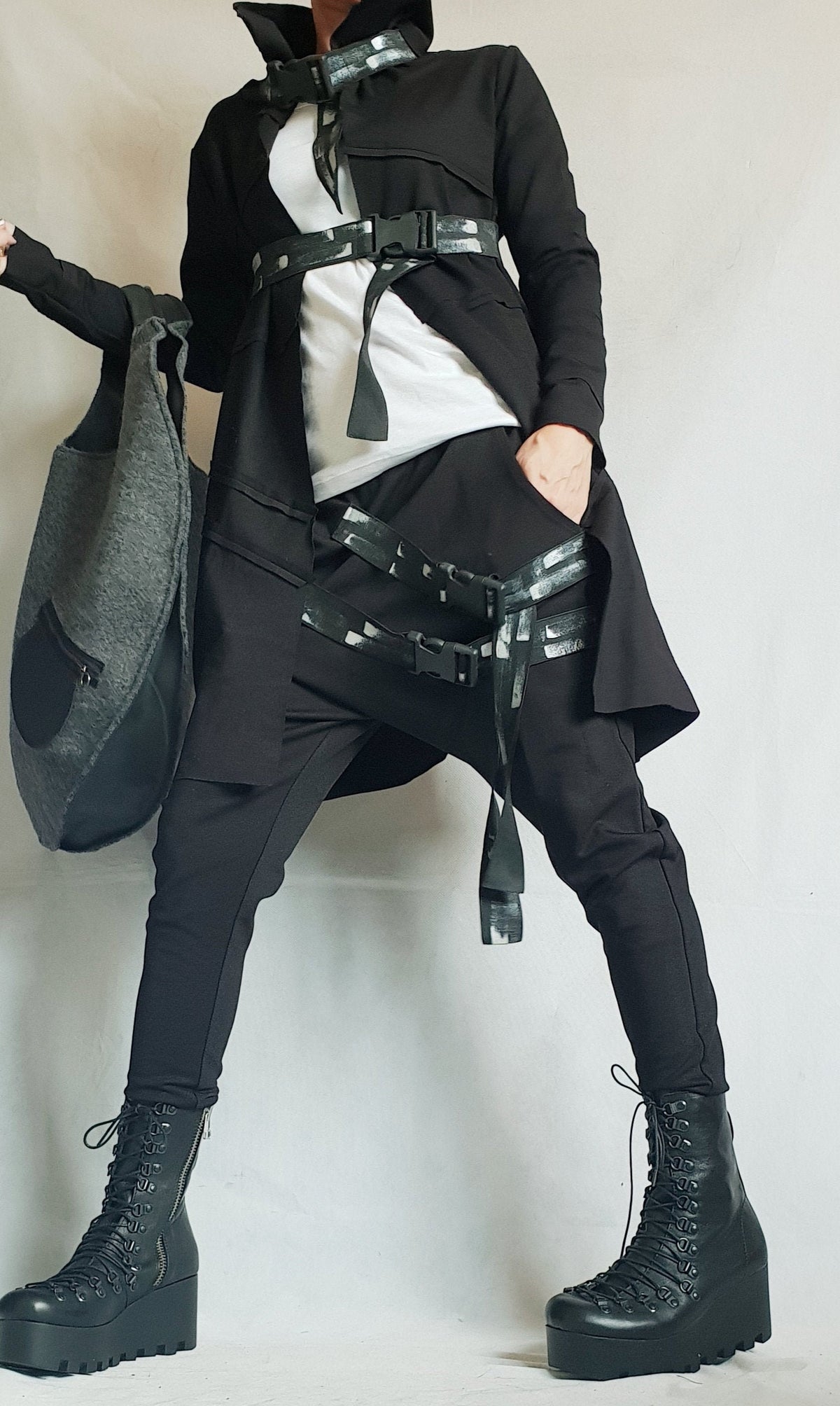 Black French Terry Drop Crotch Harem Pants, Asymmetrical Jacket with Decorative Straps, Co-Ord Set