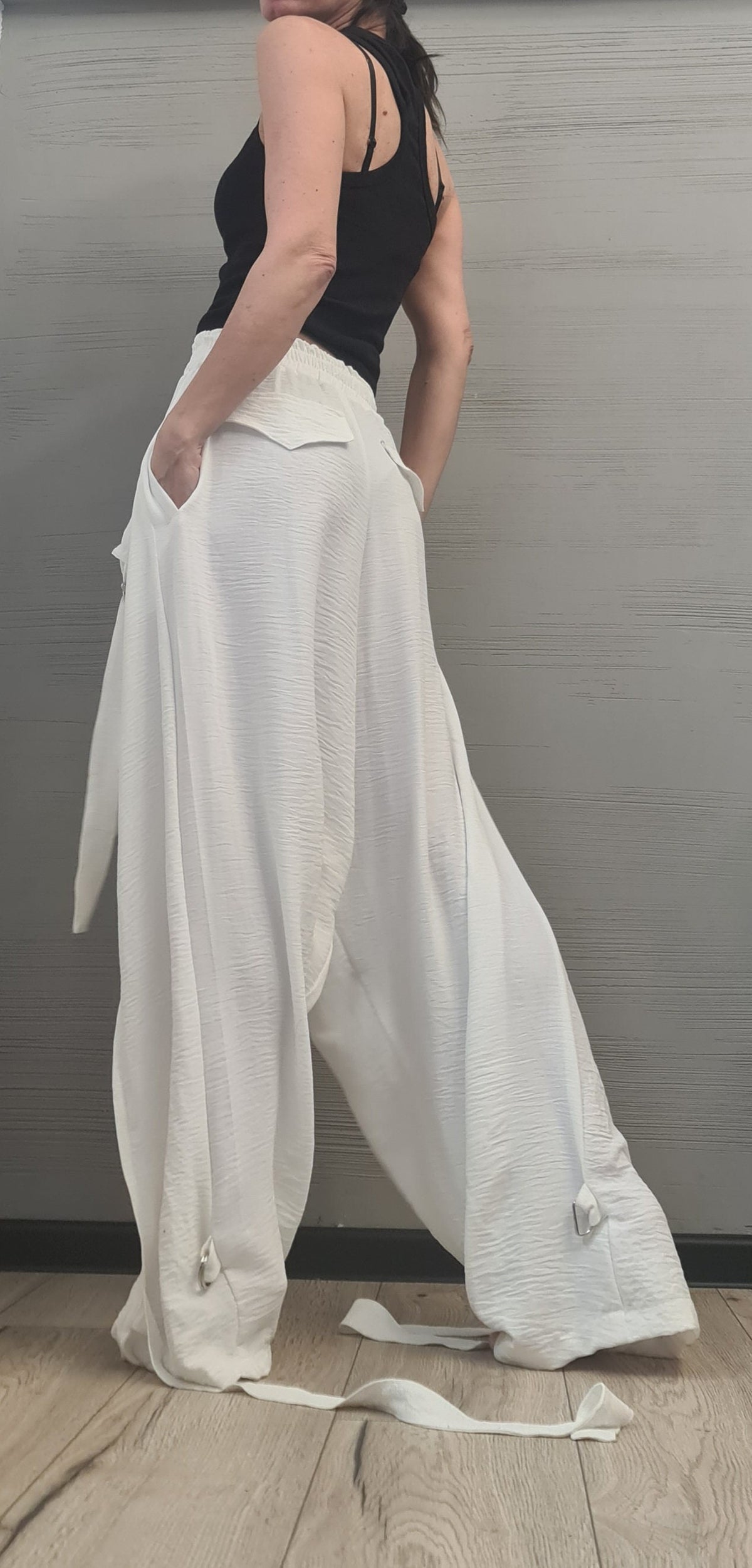 Beige Harem Trousers, Strap and Ring Detail, Drop Crotch