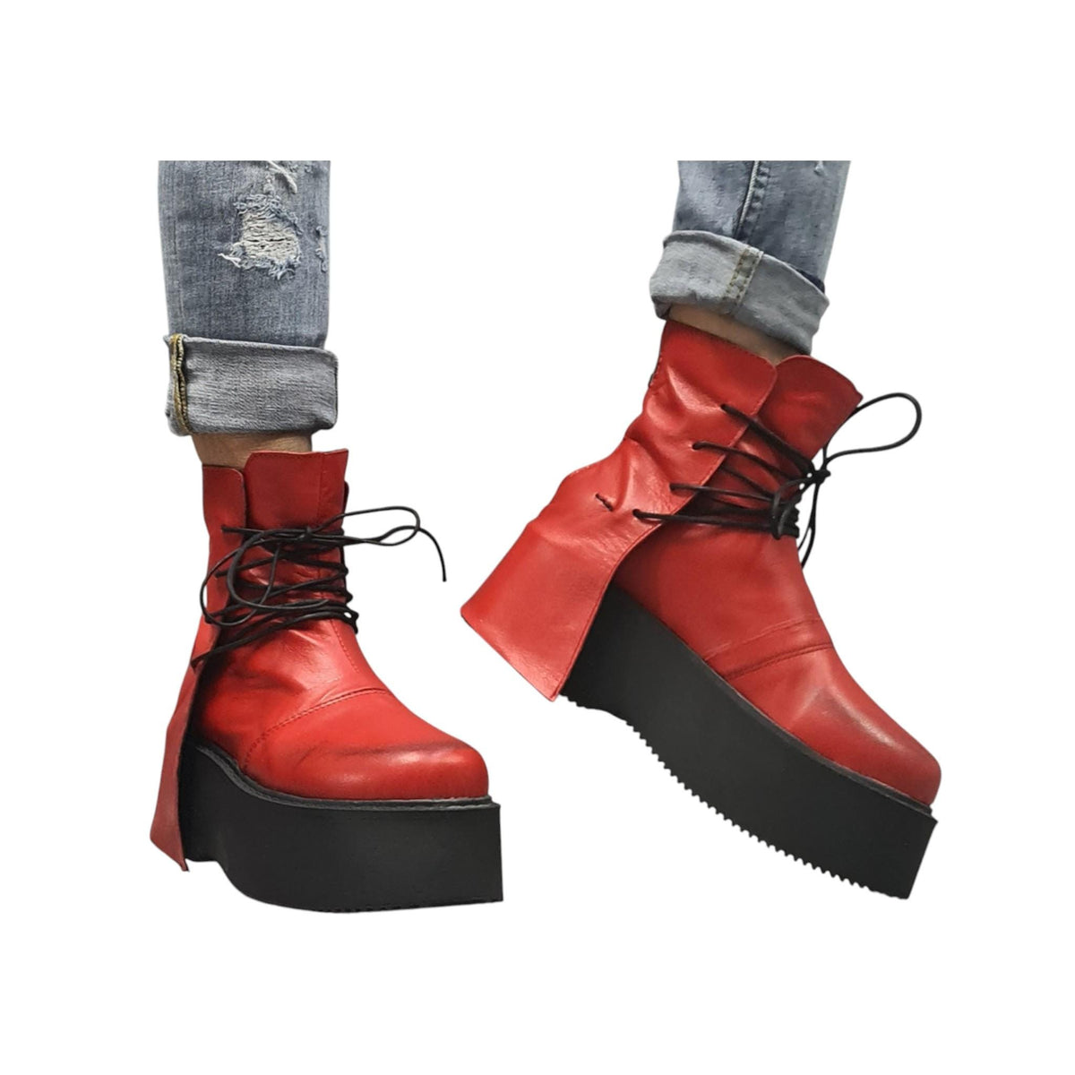 Red Leather Platform Ankle Boots with Wrap Cords, Chunky Sole Shoes, Handmade Footwear