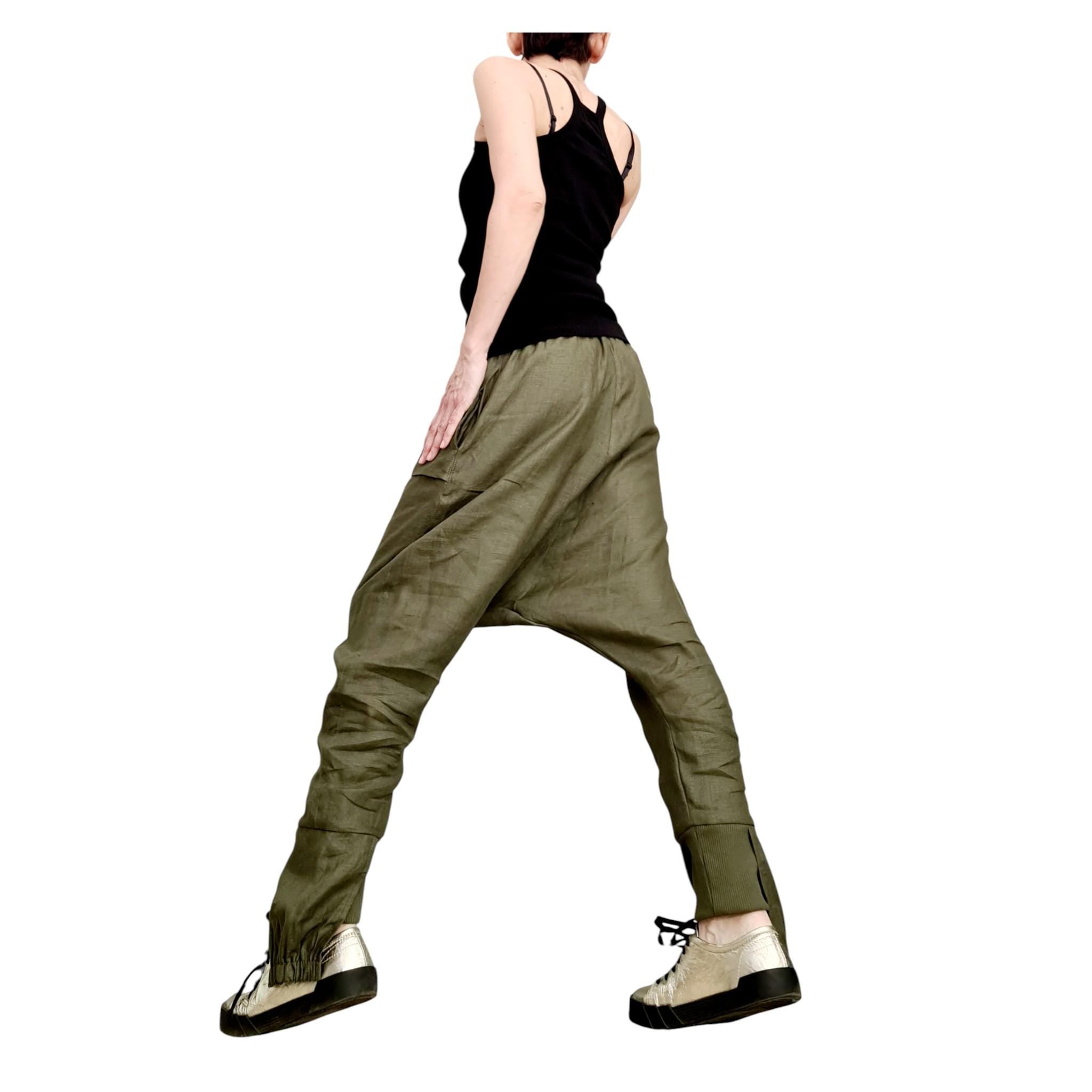 Military Green Linen Pants for Women, Drop Crotch Summer Trousers, Handmade Casual Urban Outfit
