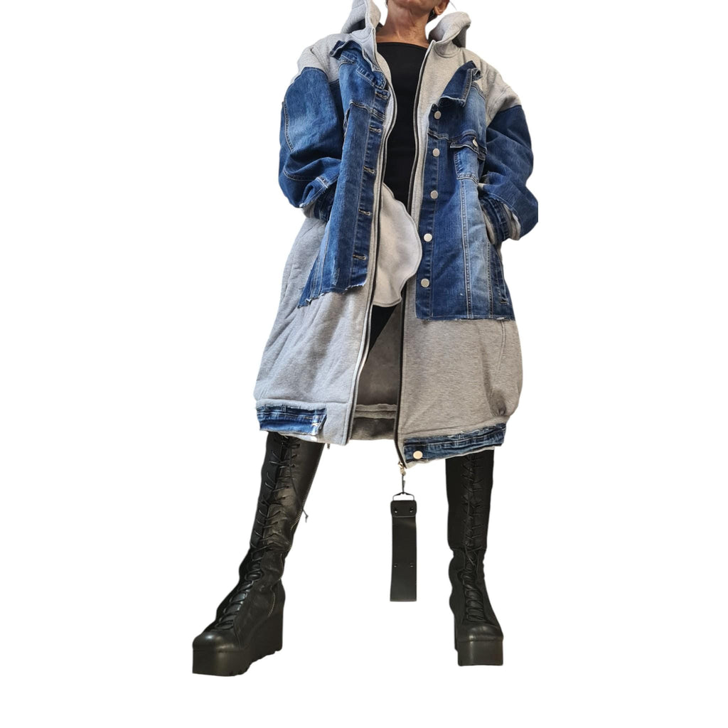 Avant Garde Denim Cotton Hoodie | Oversize Plus Size Sweatshirt | Handmade Streetwear for Women