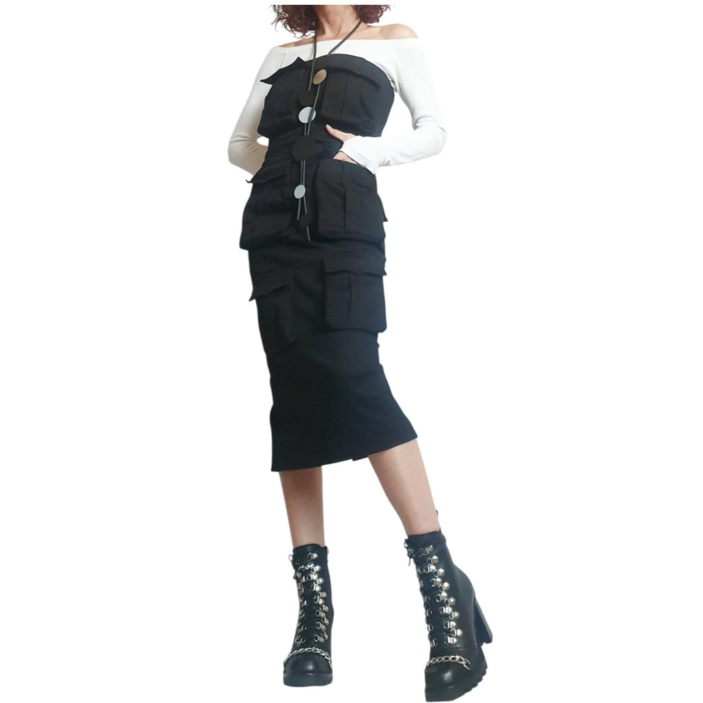 Black Denim Pocket Dress, Gothic Asymmetric Cocktail Fit, Extravagant Design
