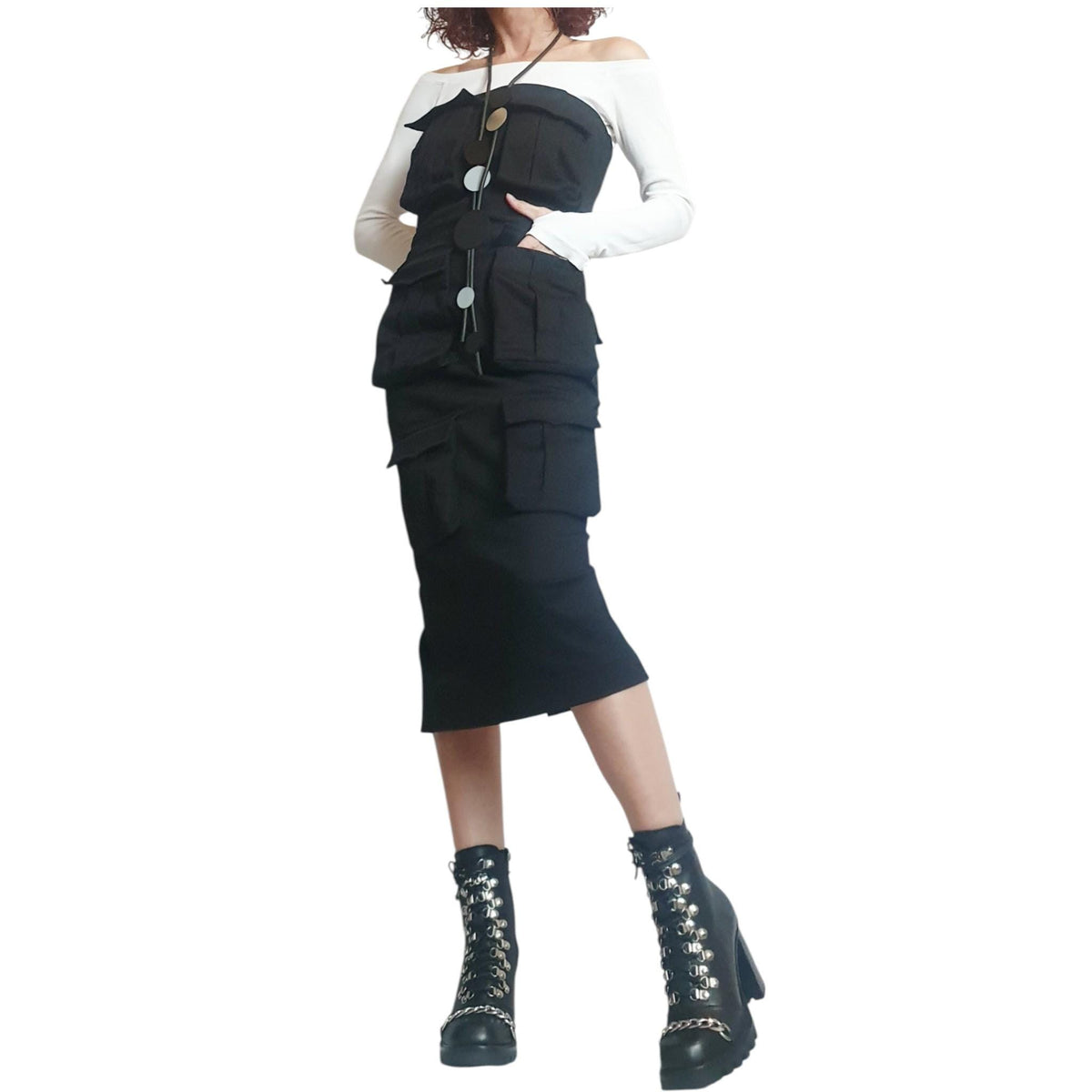 Black Denim Pocket Dress, Gothic Asymmetric Cocktail Fit, Extravagant Design