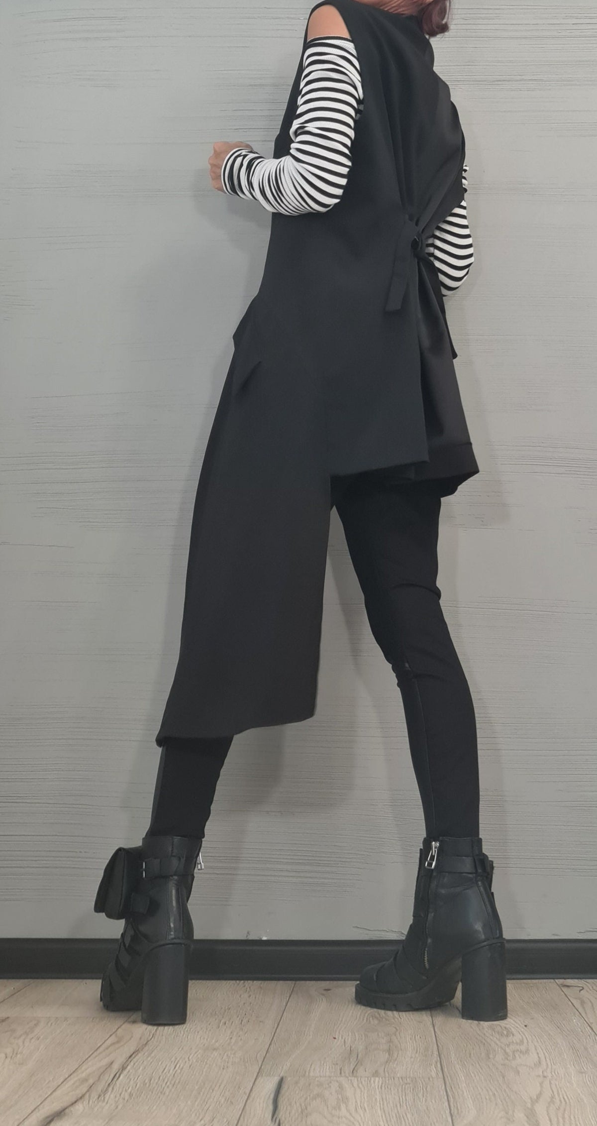 Black Asymmetrical Oversized Vest, Sleeveless Draped Jacket, Extended Side Panel, Waist Tie