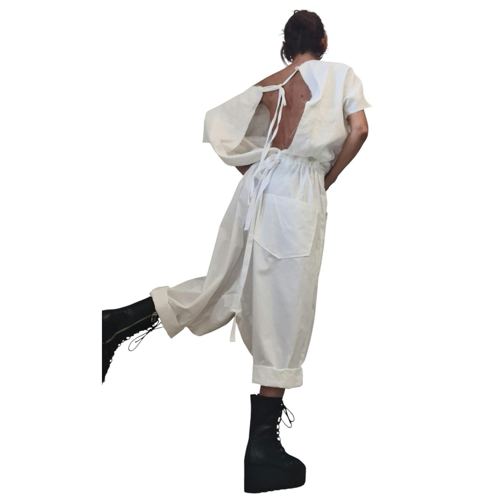 White Linen Harem Jumpsuit, Open Back Drop Crotch Overall, Sleeveless Loose Summer Romper