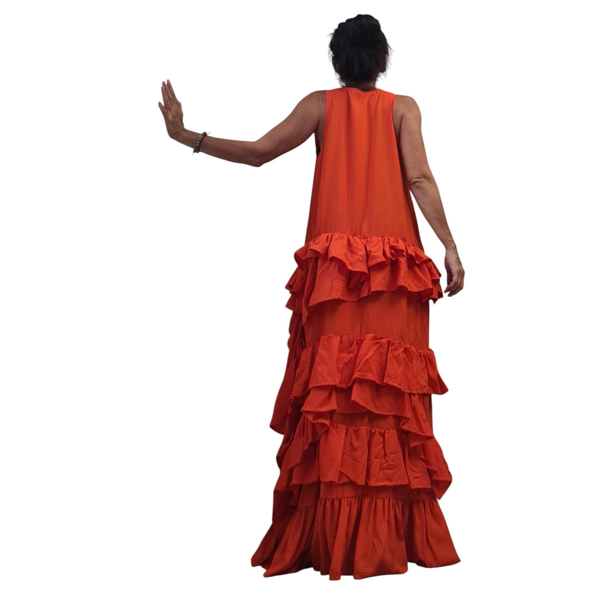 Orange Maxi Kaftan, Tiered Ruffle Dress, Sleeveless Resort Gown, Oversized Designer Clothing