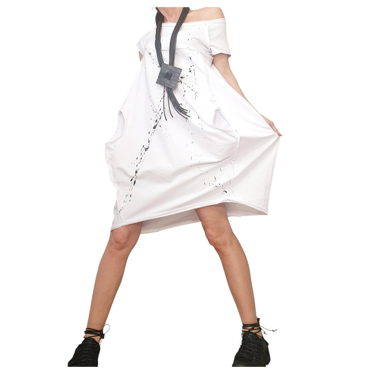 White Cotton Short Sleeve Dress, One Shoulder, Asymmetric Oversized Tunic