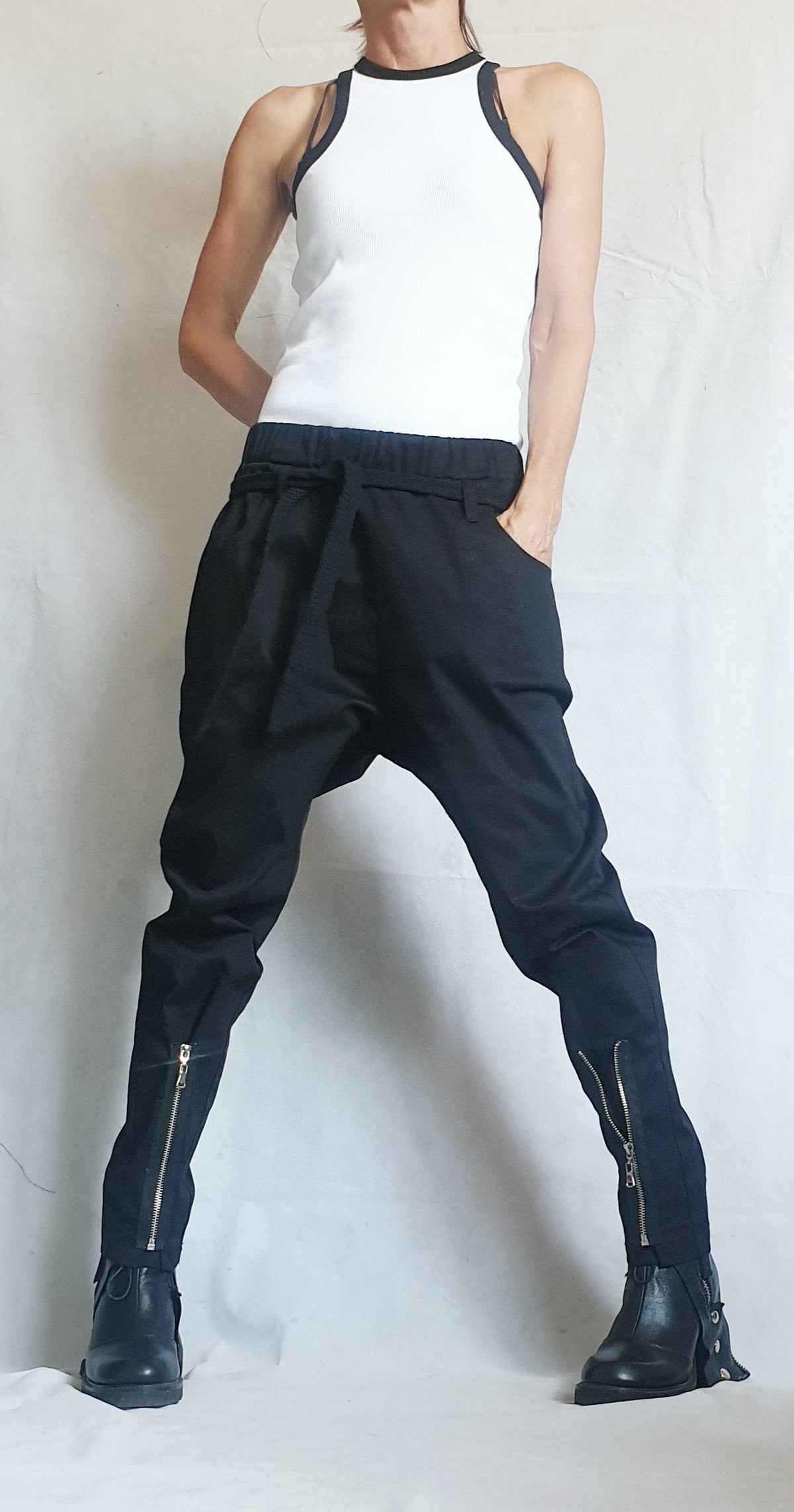 Black Drop Crotch Trousers, Zip Detail Pants for Tapered Leg