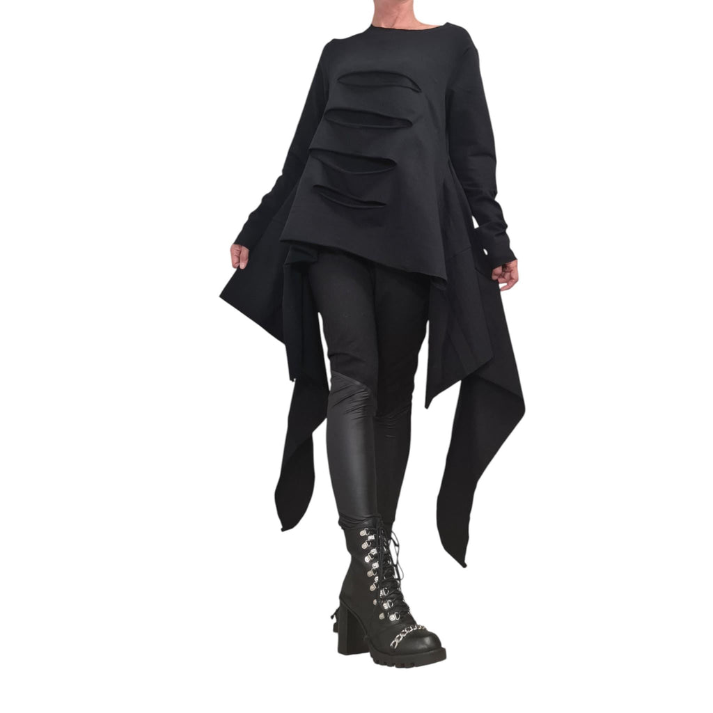 Black Asymmetrical Cotton Tunic, Handmade Long Sleeve Tunic Top, Artistic Avant-Garde Women's Fashion, Unique Modern Design