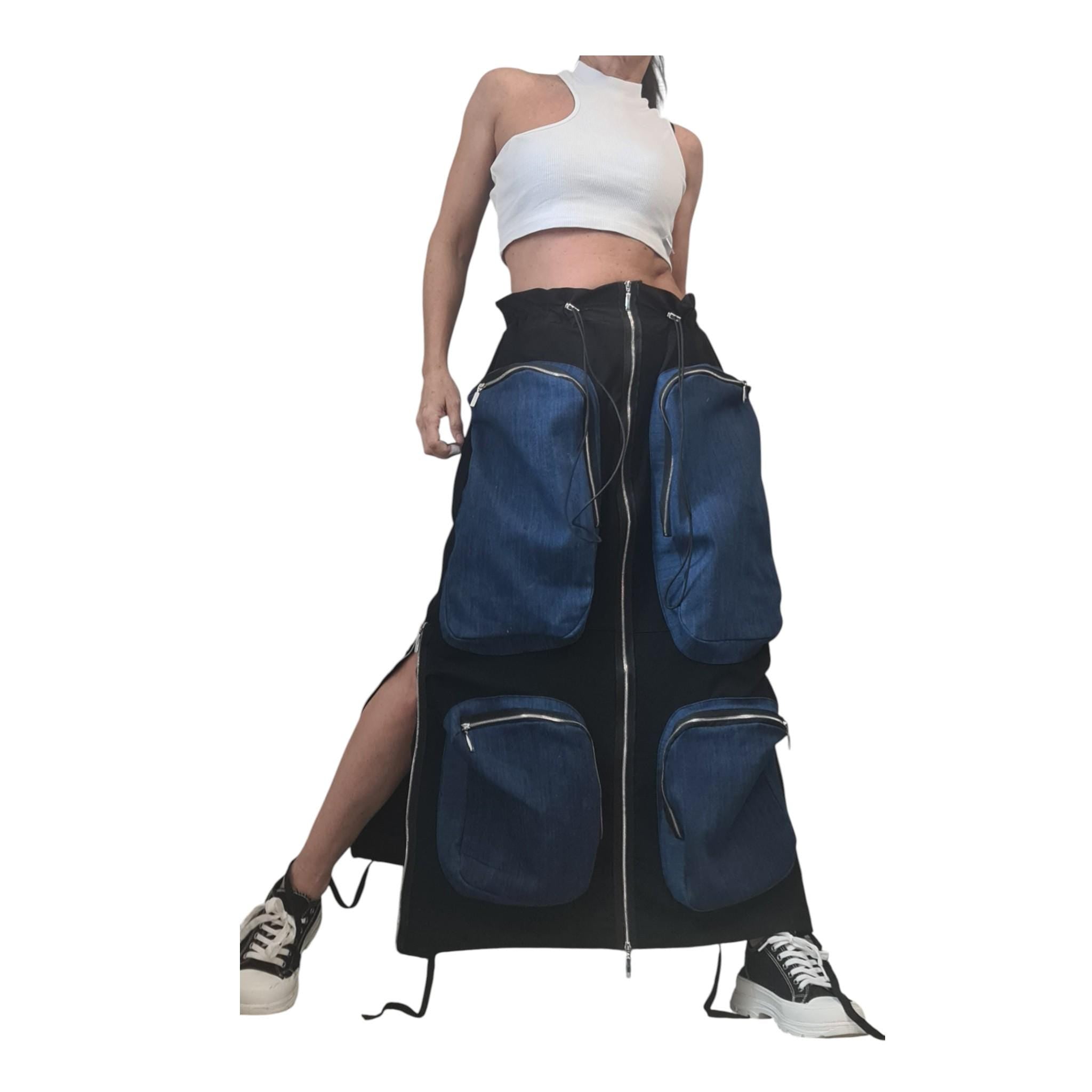 Black French Terry Maxi Skirt With Denim Cargo Pockets, Long Avant Garde Oversized Skirt