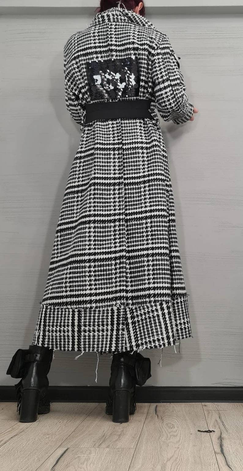Black and White Plaid Coat, Long Belted Oversized Winter Jacket, Plus Size Cardigan