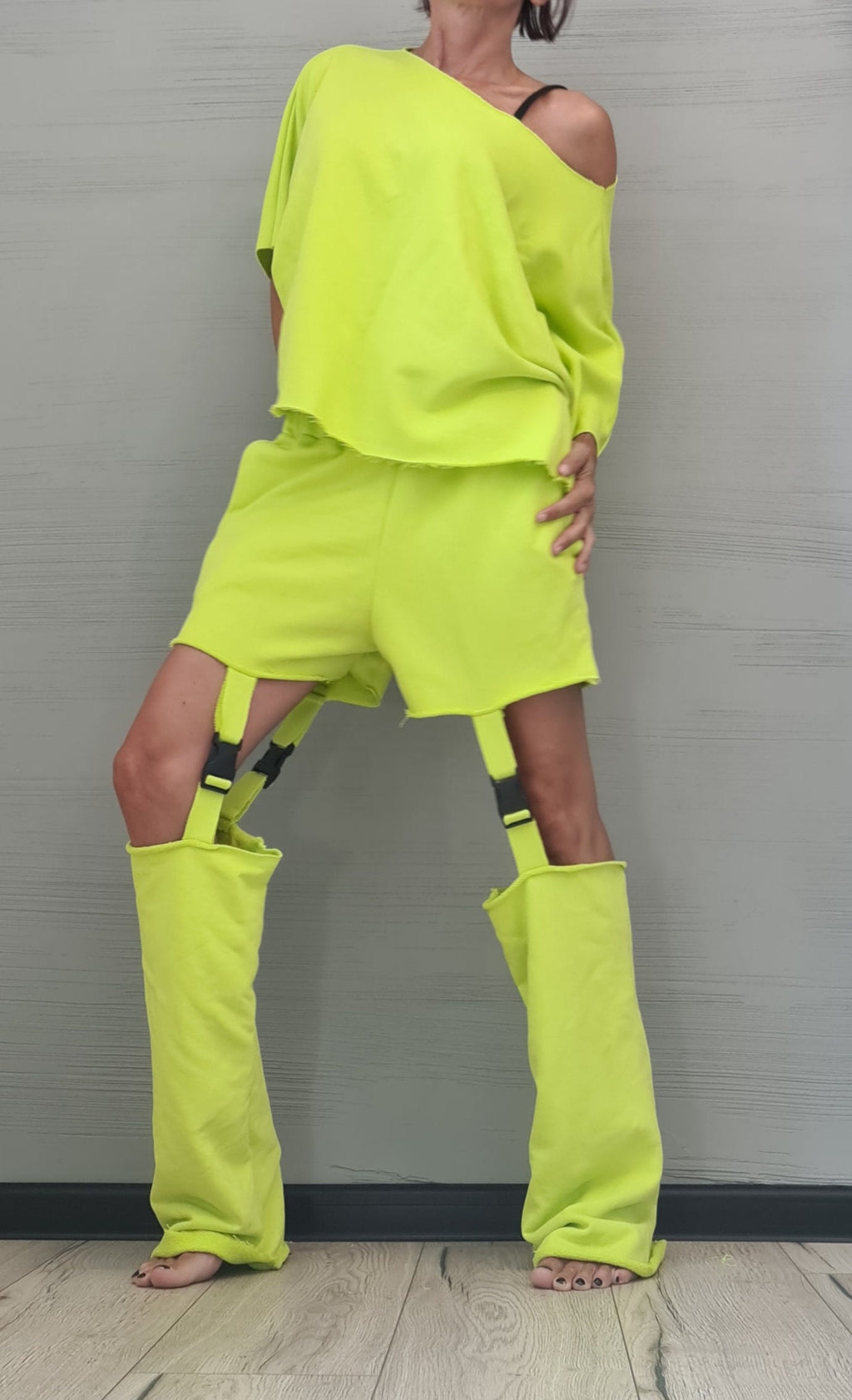 Lime Asymmetrical Blouse, Shorts with Detachable Pant Legs, Convertible Co-Ord Set