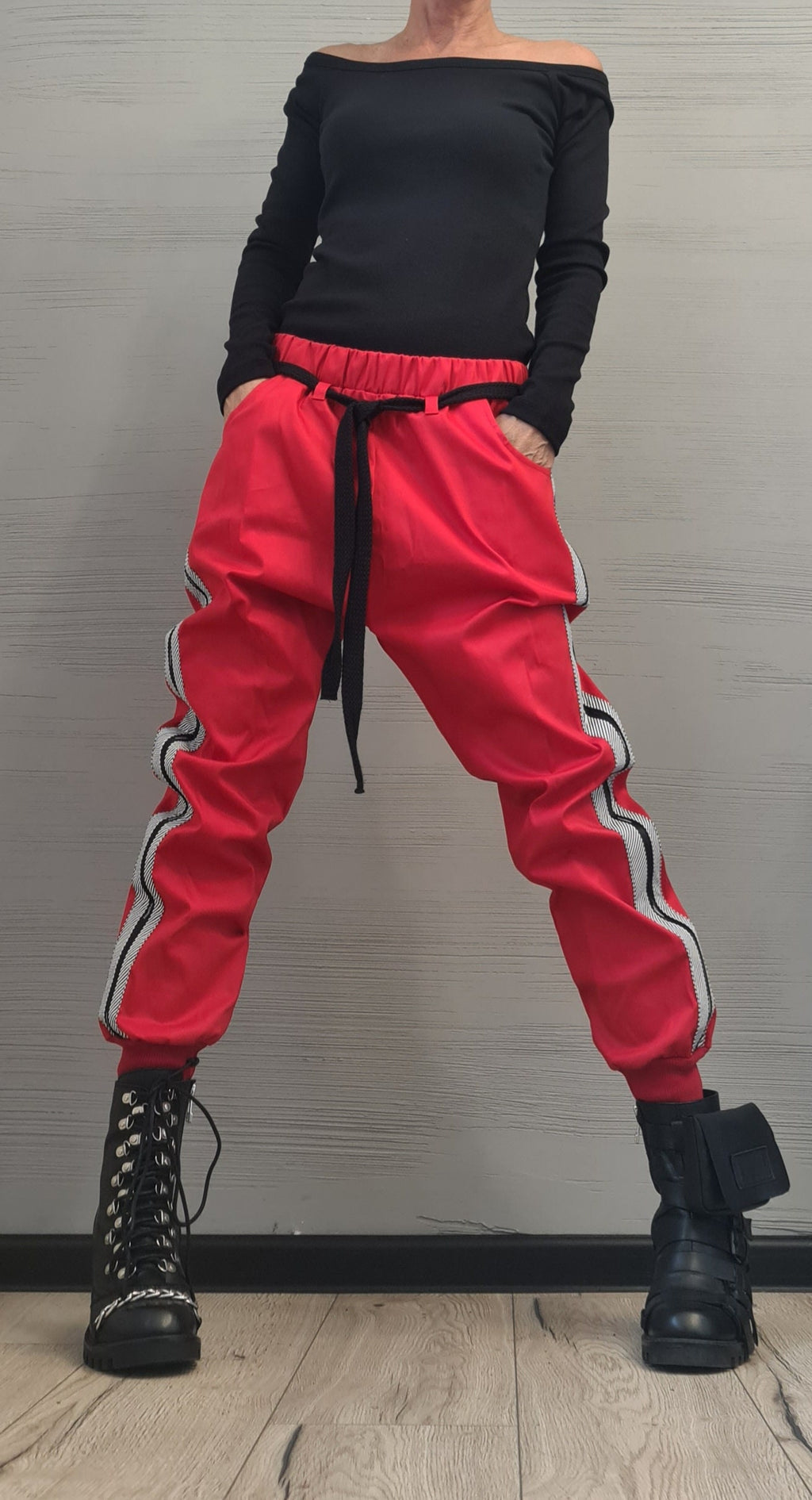 Red Cotton Drop Crotch Pants, Slim Leg Trousers, Contrast Side Stripe