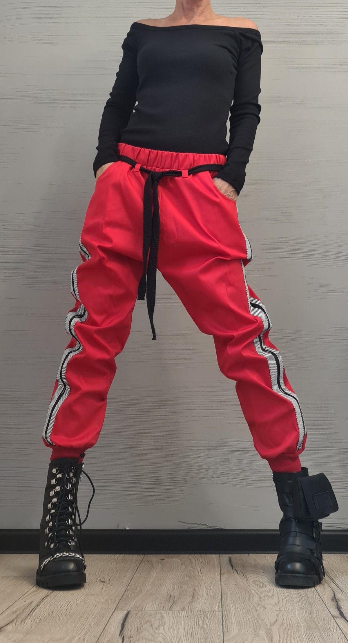 Red Cotton Drop Crotch Pants, Slim Leg Trousers, Contrast Side Stripe