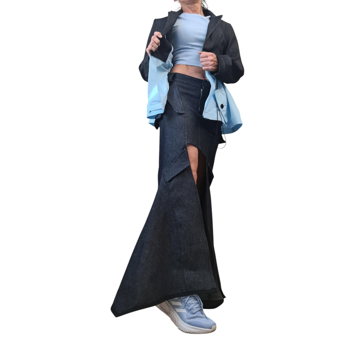 Denim Costume for Women, Avant Garde Denim Blazer, Asymmetric Long Short Skirt