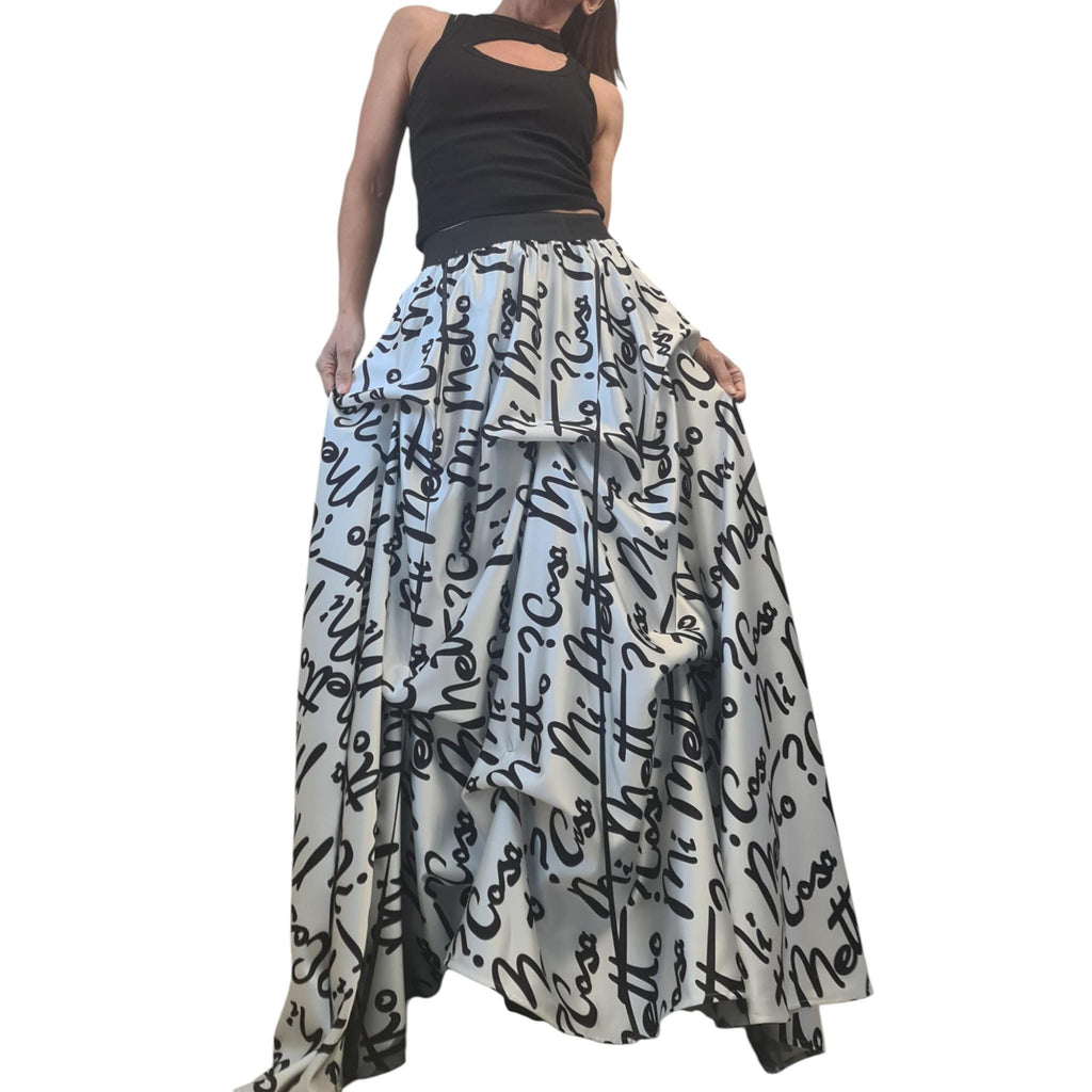 Extravagant Script Print Skirt Dress, Avant Garde Cotton Satin Tulle Maxi, Black White Transformable Gown with Drawstrings