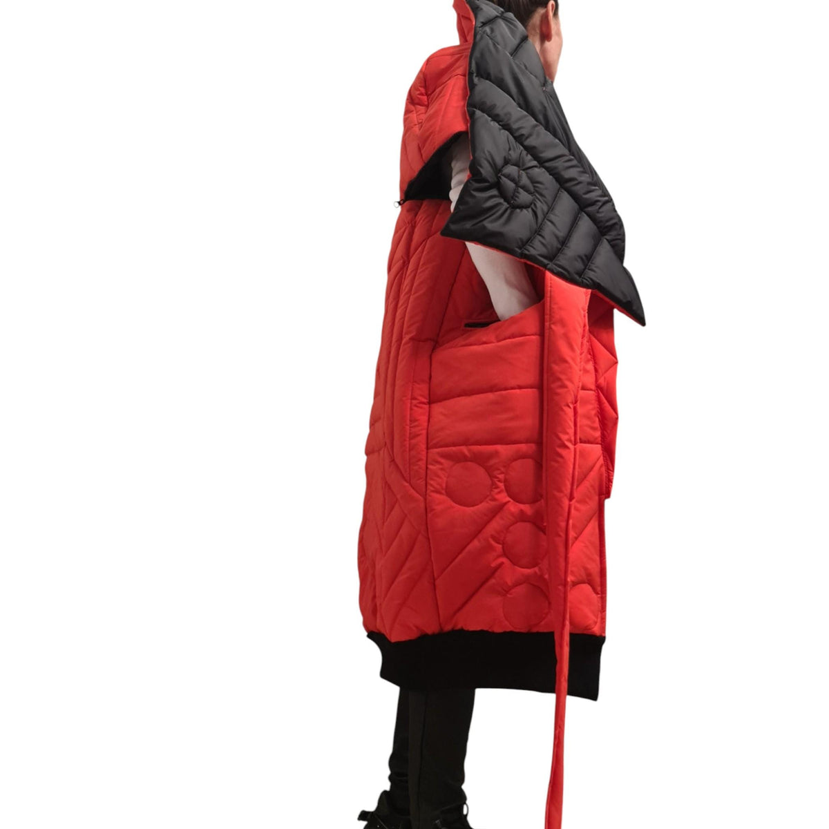 Orange Black Color Block Puffer Vest, Long Sleeveless Jacket, Asymmetric Quilted Gilet