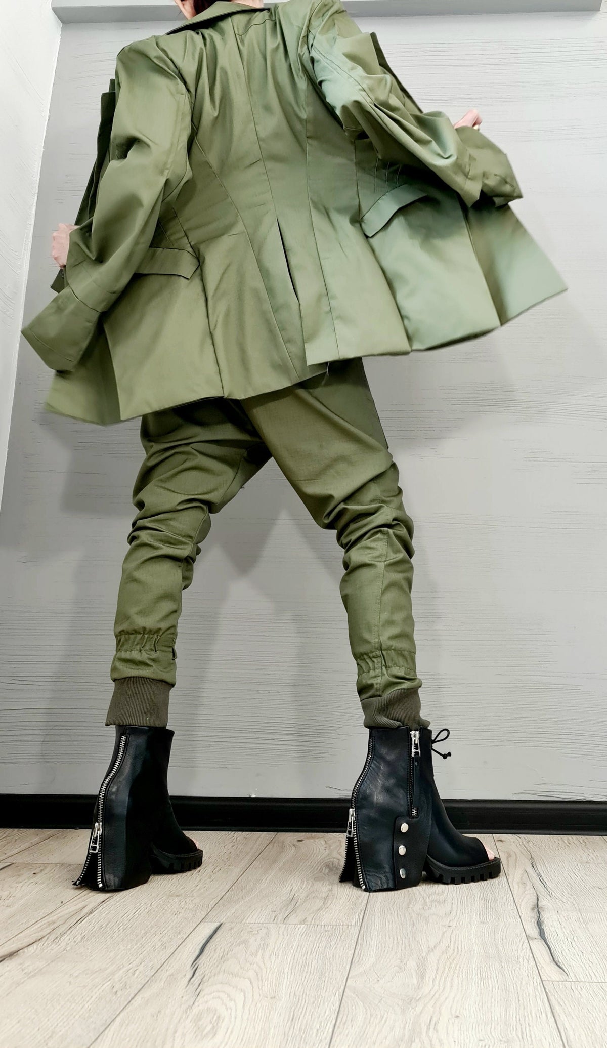 Purple Cotton Cargo Pants, Asymmetrical Deconstructed Tailored Blazer, Bell Sleeves, Two-Piece Co-Ord Set