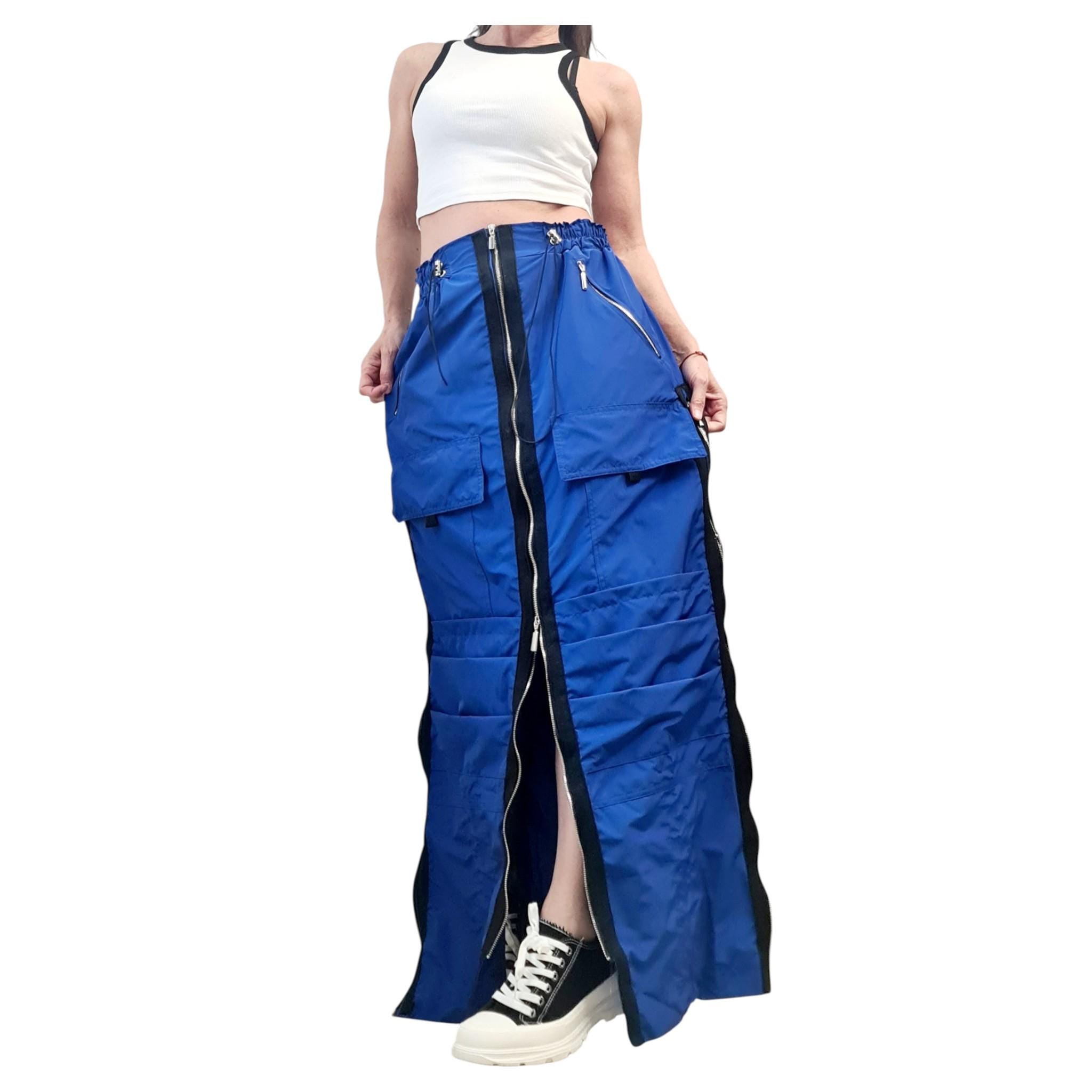Green Cargo Maxi Skirt with Zippers, Oversized Streetwear Clothing, Techwear Style