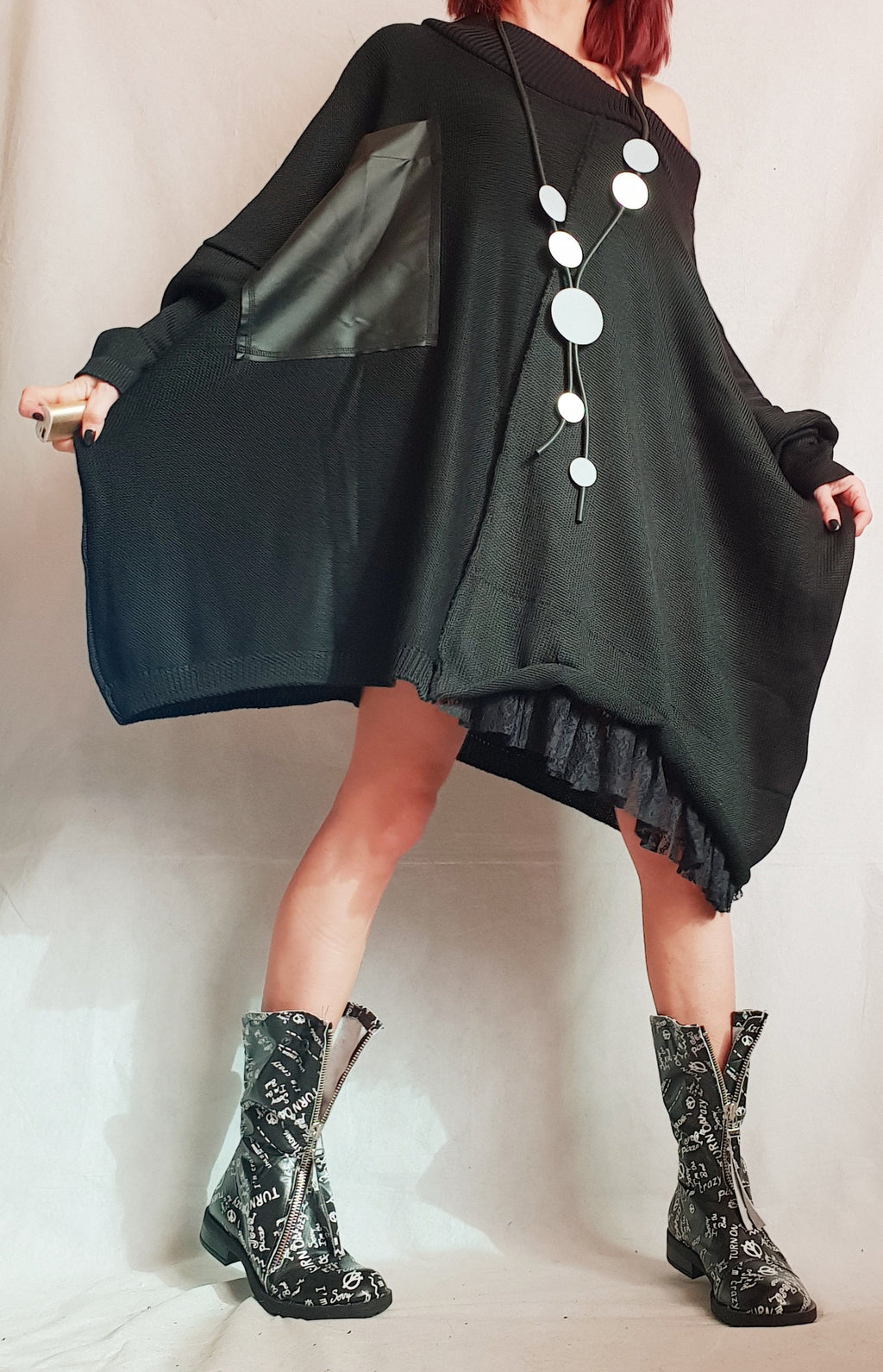 Black Asymmetrical Knitted Tunic, Oversized Long Sleeve Sweater, Plus Size Top
