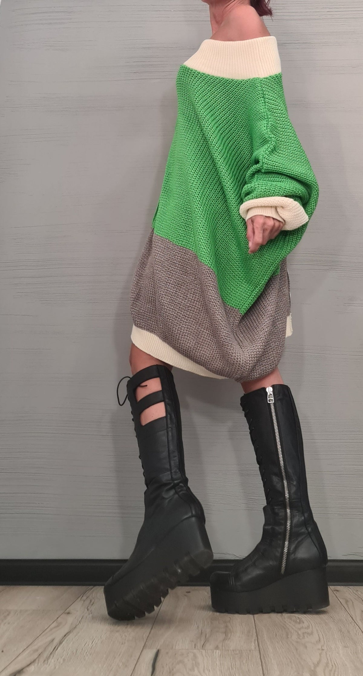 Green Color Block Asymmetric Knit Tunic, Oversized Off Shoulder Sweater, Plus Size Dress
