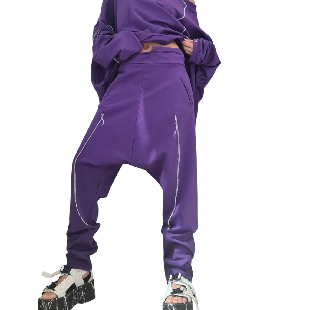 Purple Cotton Co-Ord Set, Harem Pants, Asymmetrical Blouse, Raw Edges, Contrast Seams