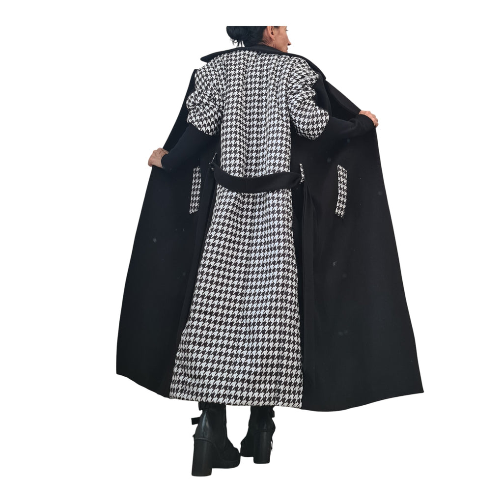 Extravagant Long Black & White Coat – Avant-Garde Wool Blend Winter Overcoat