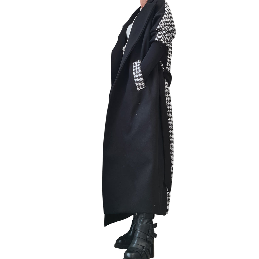 Extravagant Long Black & White Coat – Avant-Garde Wool Blend Winter Overcoat
