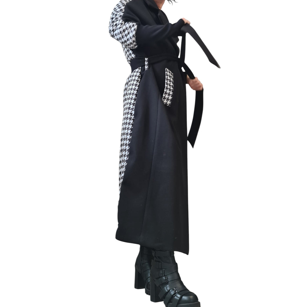 Extravagant Long Black & White Coat – Avant-Garde Wool Blend Winter Overcoat