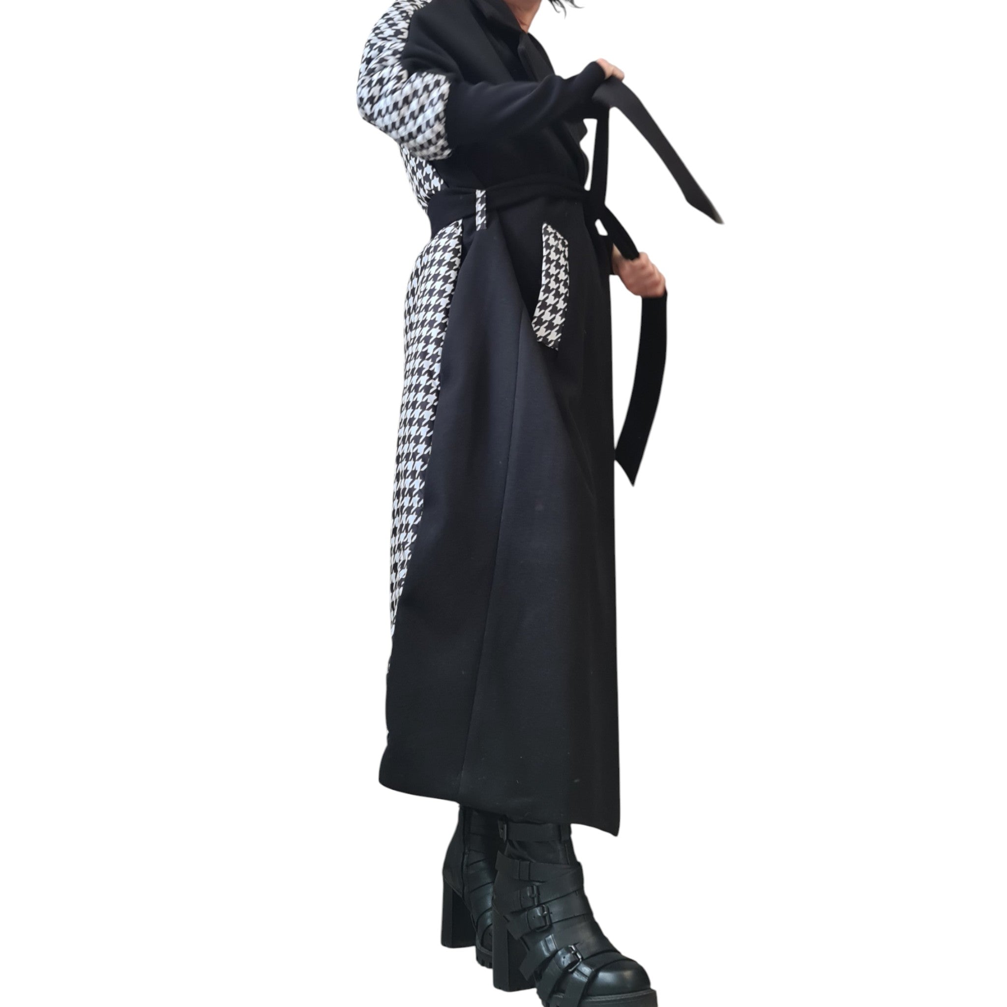 Extravagant Long Black & White Coat – Avant-Garde Wool Blend Winter Overcoat