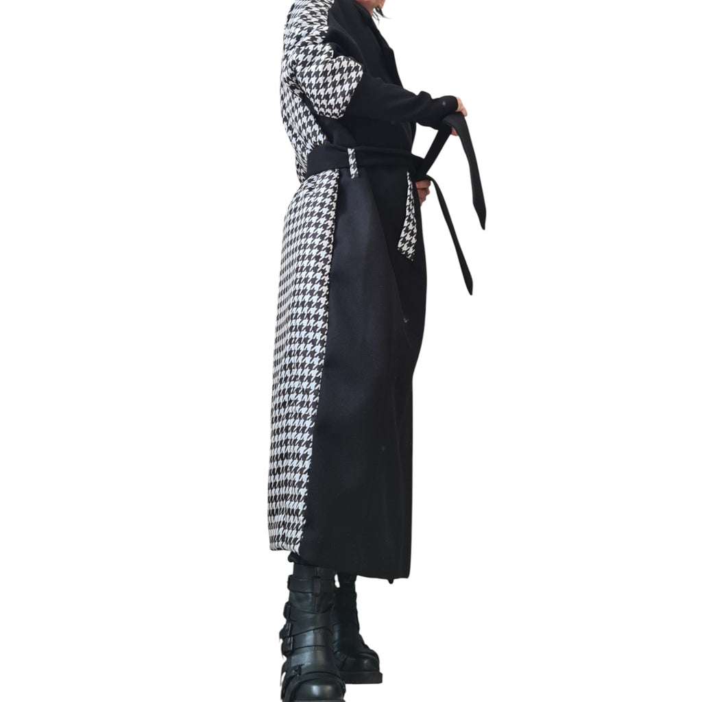 Extravagant Long Black & White Coat – Avant-Garde Wool Blend Winter Overcoat
