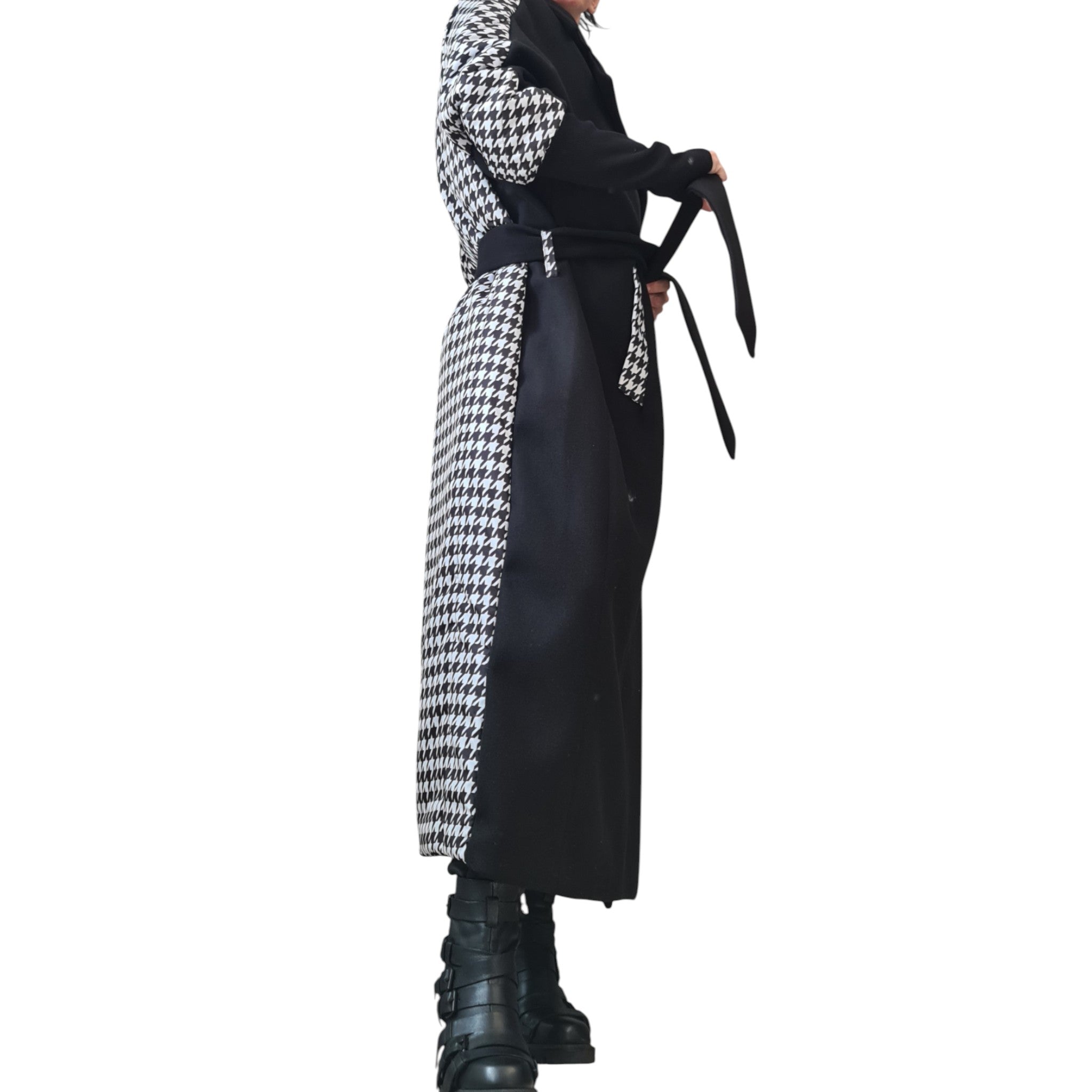 Extravagant Long Black & White Coat – Avant-Garde Wool Blend Winter Overcoat