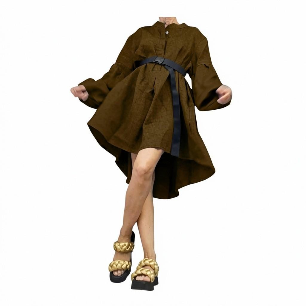 Linen Tunic Dress Women, Brown Summer Dress, Voluminous Sleeves, Loose Mini Clothing