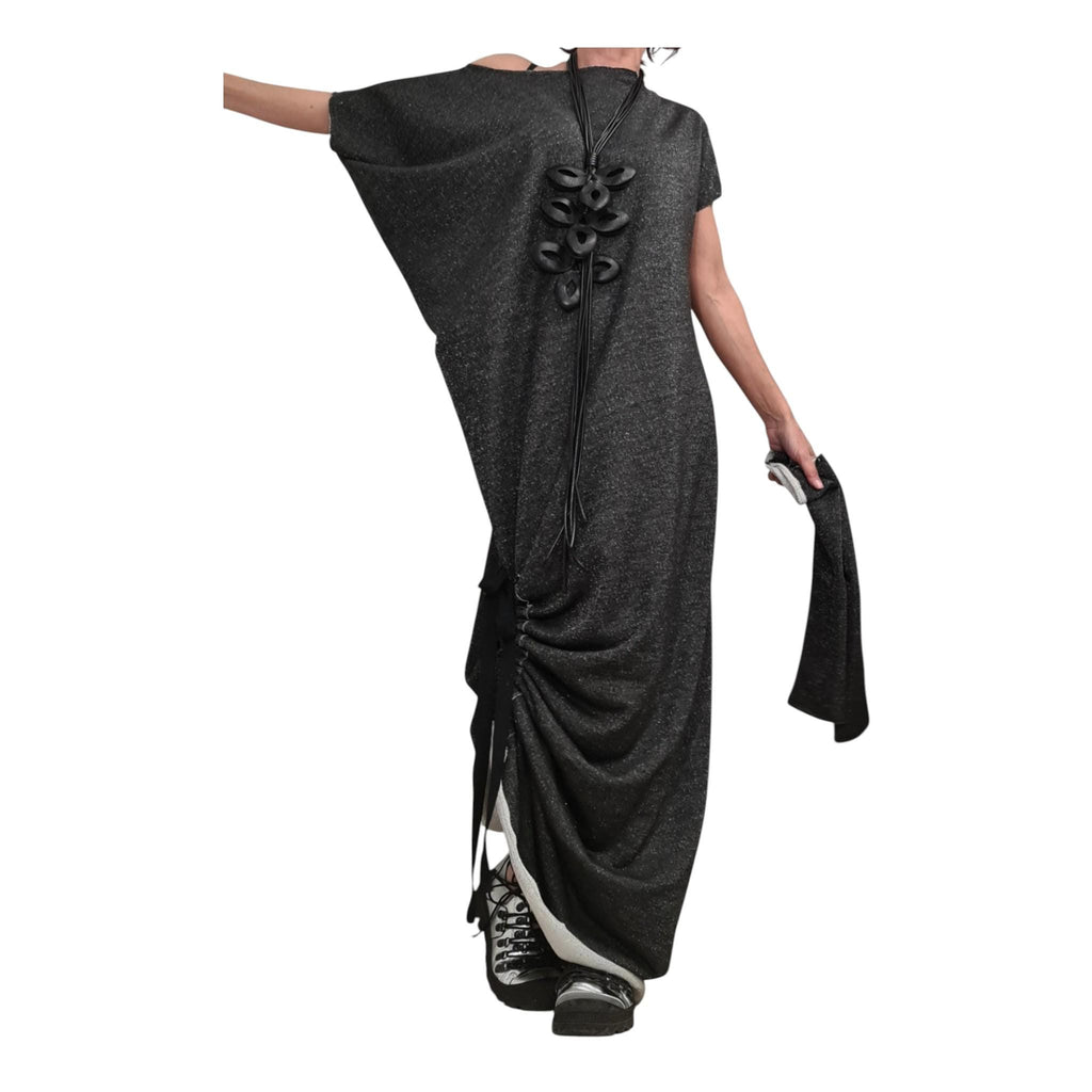 Black Silver Maxi Dress: One Shoulder, Loose Oversize Tunic