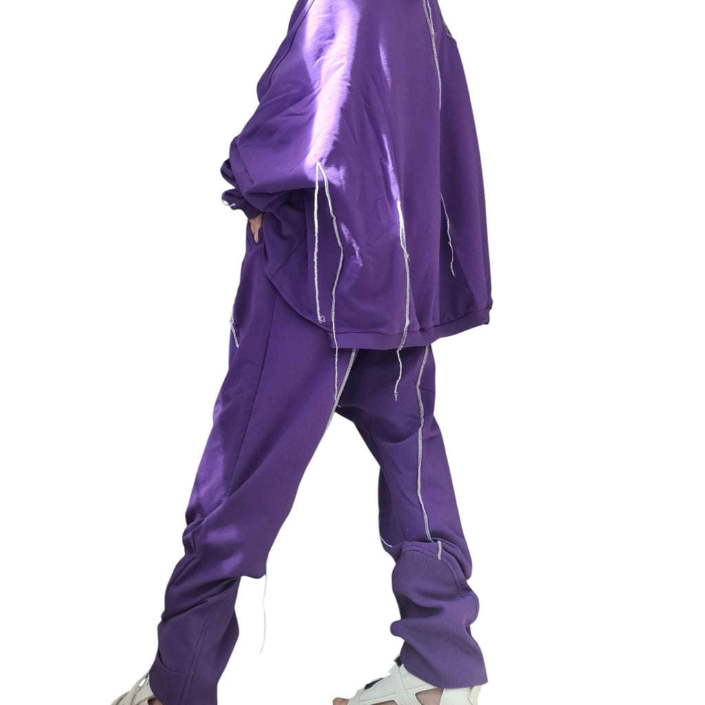 Purple Cotton Co-Ord Set, Harem Pants, Asymmetrical Blouse, Raw Edges, Contrast Seams
