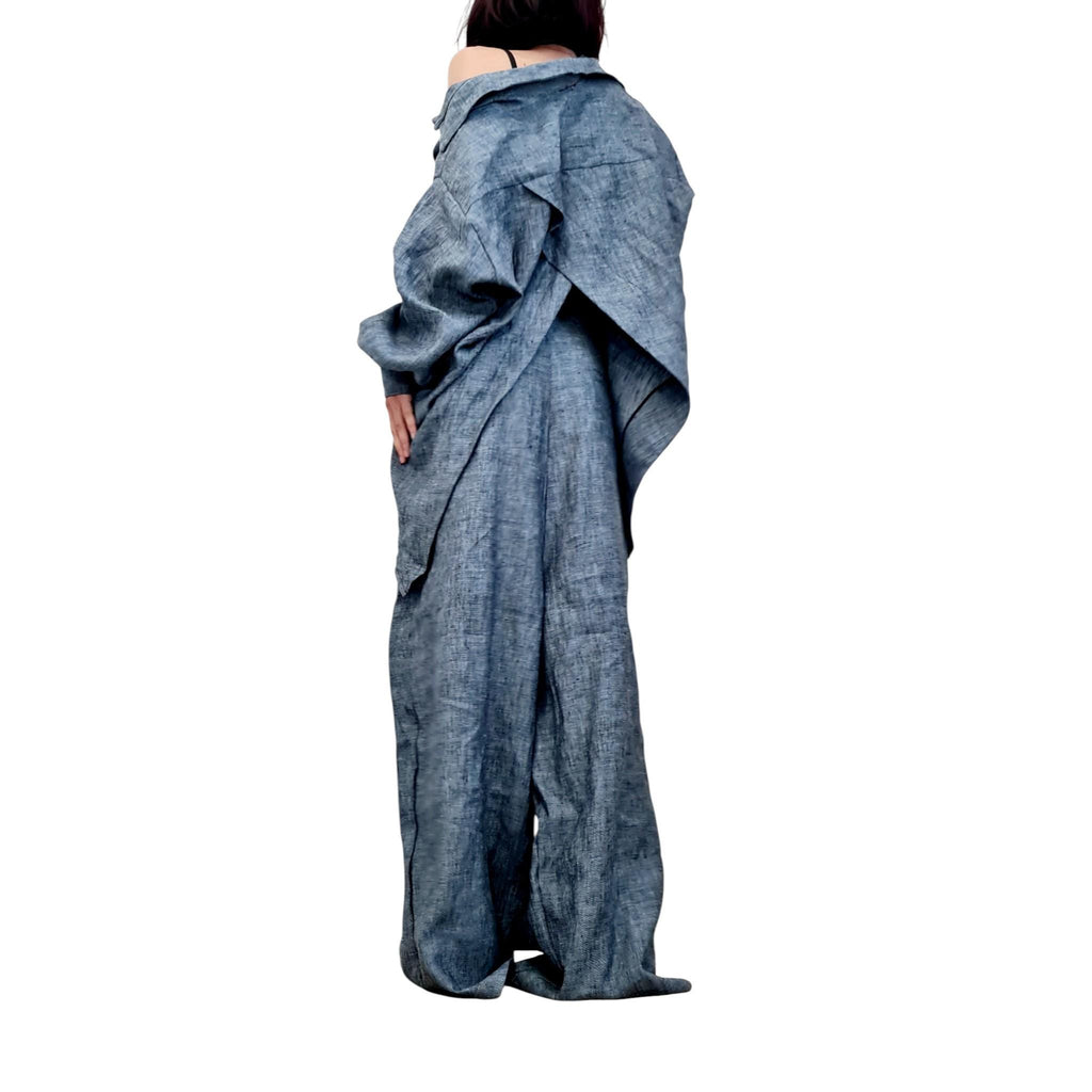 Denim Blue Linen Palazzo Pants Set, Women Plus Size Boho Suit