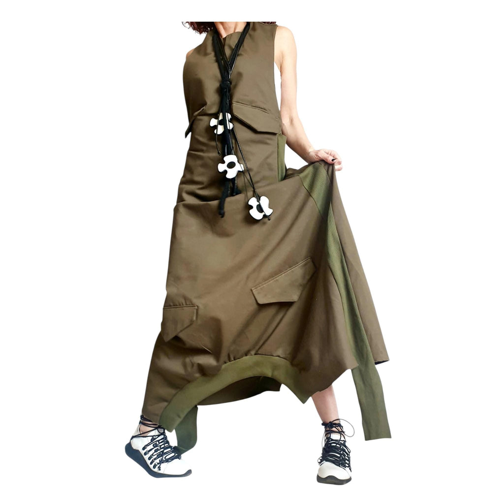 Military Green Long Dress | Cargo Pocket Accents | women’s clothing | statement