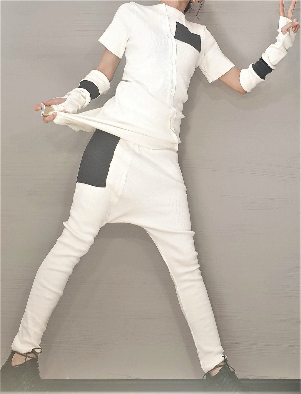 White Cotton Tapered Harem Pants, Asymmetrical Blouse, Detachable Sleeves with Thumb Holes, Co-Ord Set