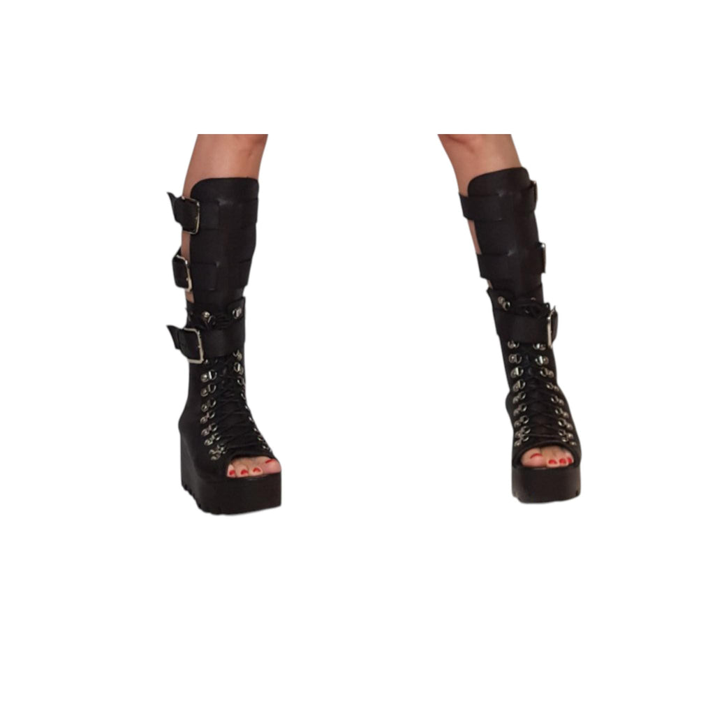 Black Leather Gladiator Sandals, Greek Style Platform Shoes, Open Toe Gothic Knee High Boots